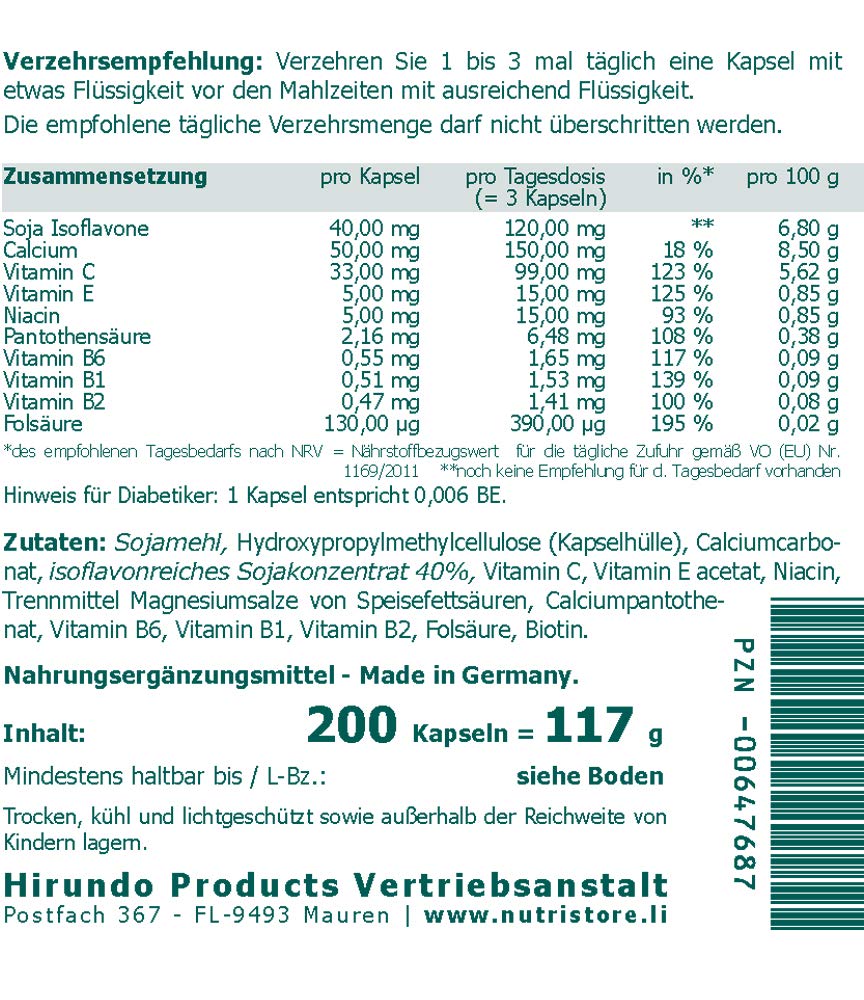 Isoflavone Soja 40 mg vegane Kapseln 200 Stk. - Zur Versorgung mit Soja-Isoflavonen, Vitaminen und Calcium