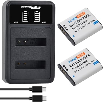 2Pcs Li-90B Li-92B DB-110 Battery+ LED Dual Charger for OlympusTough TG-5, Tough TG-4, TG-6,TG-3, TG-2 iHS,SH-1,SH-2,SH-3,Ricoh GR III,GR IIIx Cameras