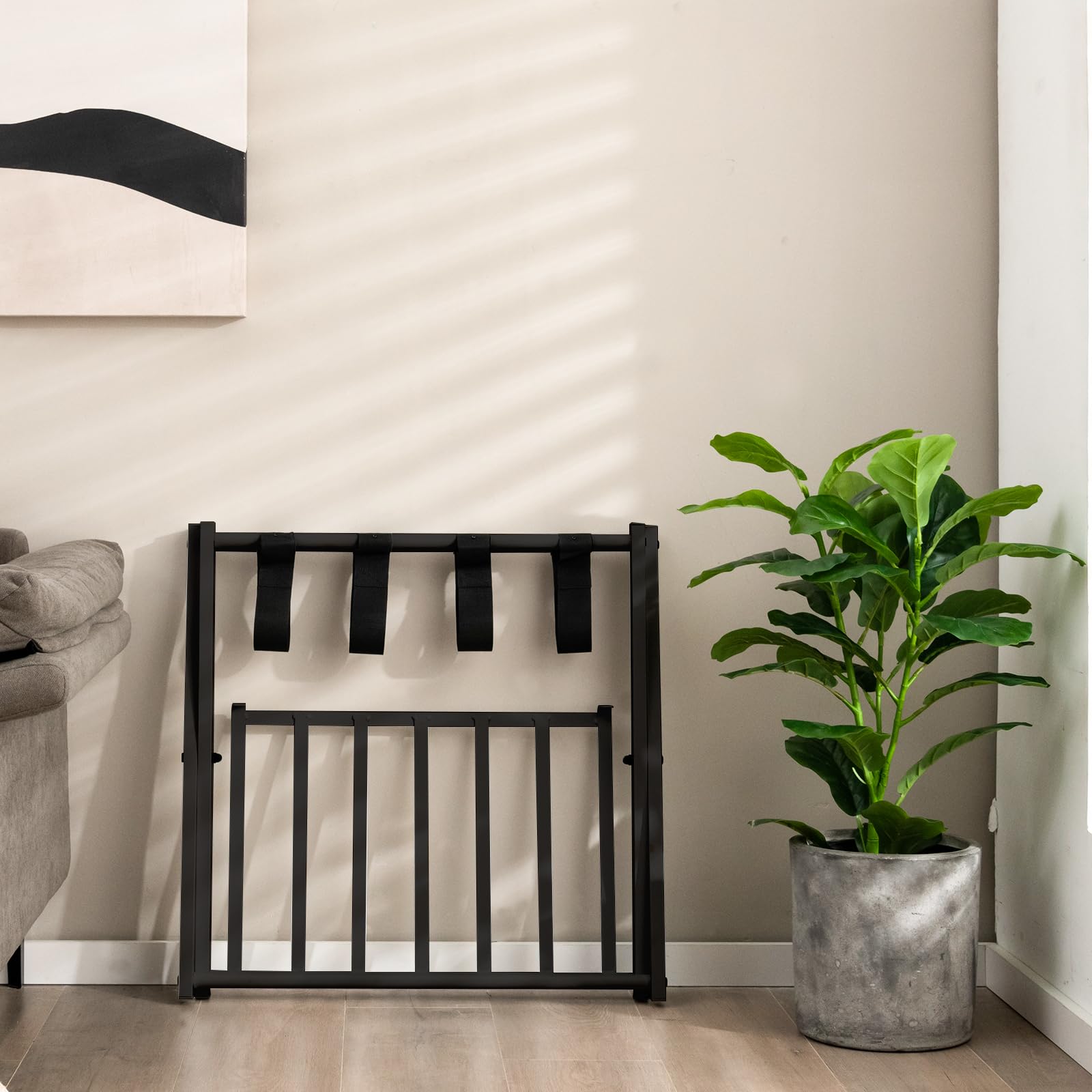 HOMASIS klappbar Kofferständer Kofferablage, 2 Ebenen Kofferhocker, Kofferbock aus Metall, Gepäckablage für Koffer & Schuhe, Kofferhalter für Hotelzimmer Flur & Wohnzimmer, 68x43x56cm (1, Schwarz)
