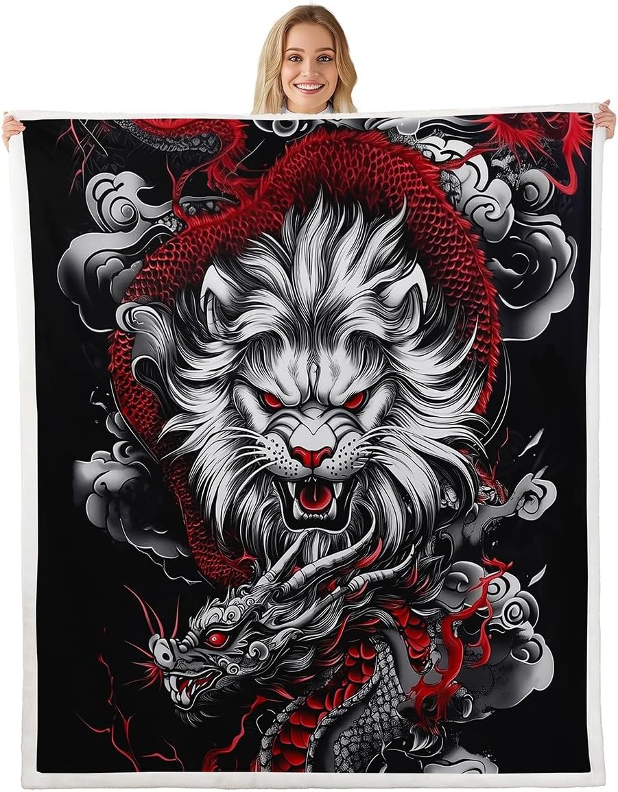 Lion Dragon Kids Plush Blanket,Japanese Style Ukiyoe Bed Blankets Art Home Decor,Traditional Wildlife Modern Fuzzy Blanket for Office Chair,50"x60",Super Soft,Lightweight