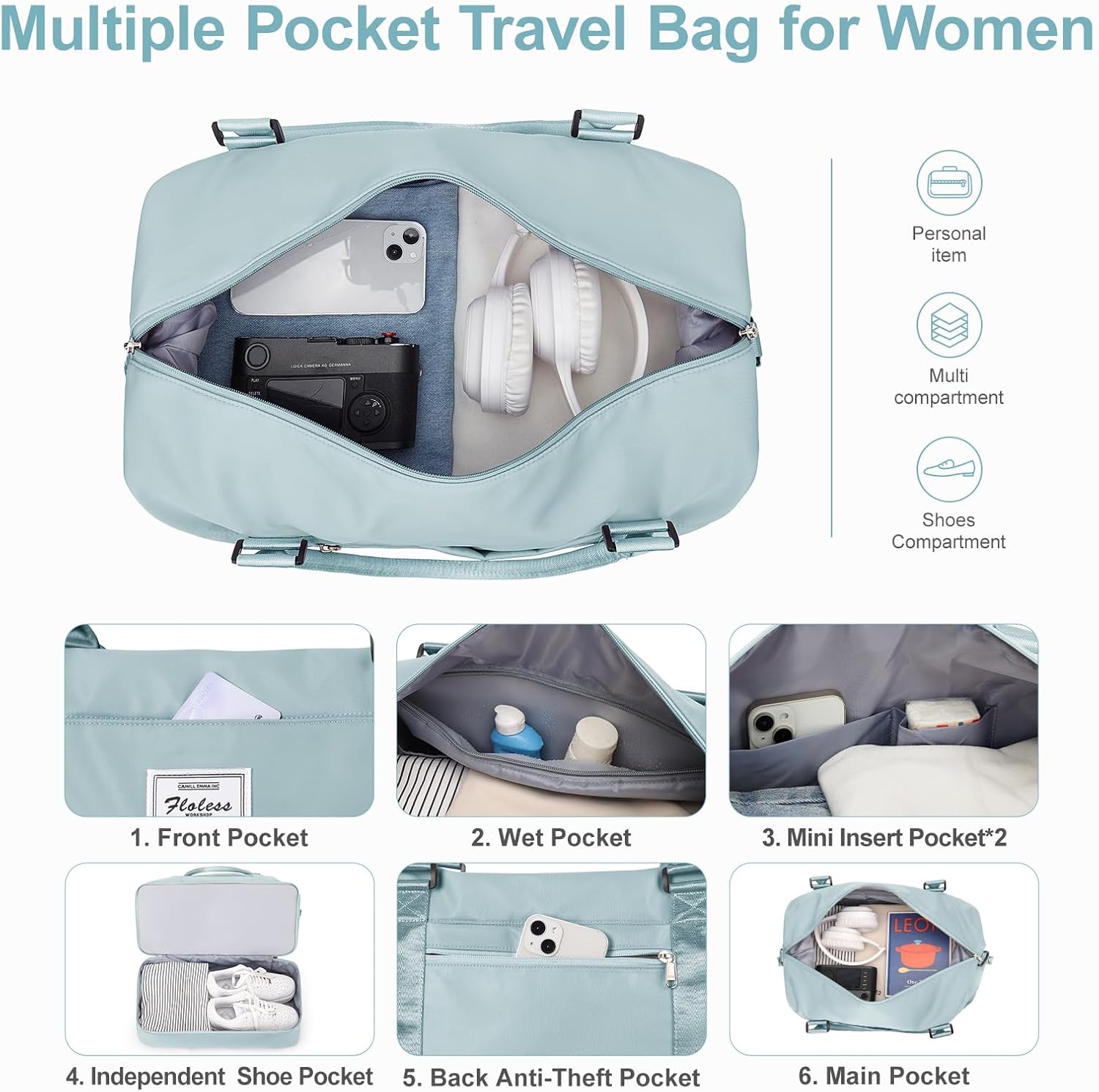 Large Weekender Bags for Women, Travel Duffel Bags with Shoe Compartment,Personal Item Travel Carry on Overnight bag for women Travel Set,Light Blue