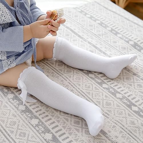 Miniatura 5 de CozyWay Calcetines altos hasta la rodilla para bebés y niñas con lazo, medias largas con volantes, calcetines con volantes, leggings para uniforme