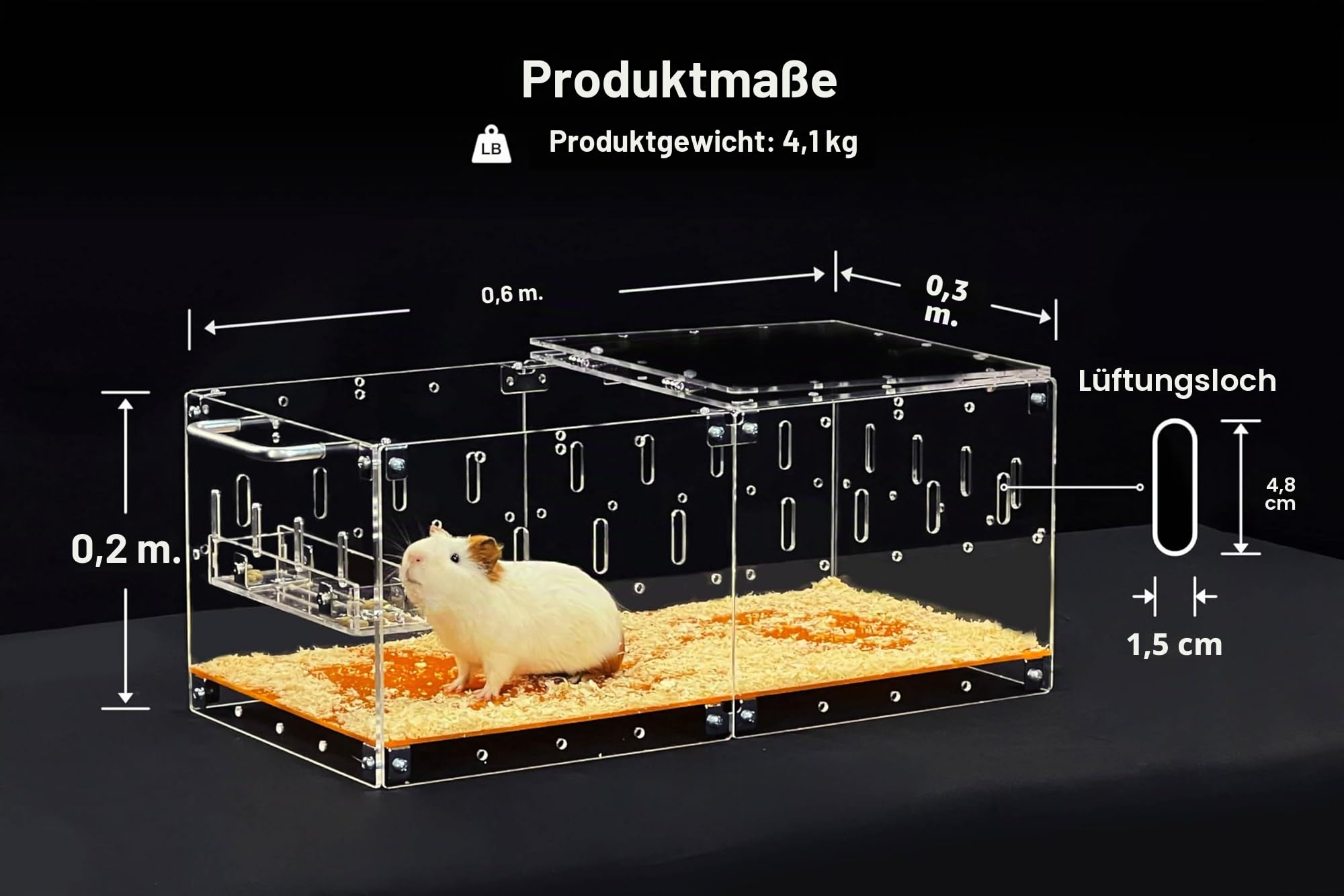 GuineaLoft™ Acrylic Cage (Modell-P2) – Kleiner 60x30cm geschlossener Käfig mit Deckel und Boden für EIN einzelnes Meerschweinchen oder Hamster, verbindbar, DIY erweiterbar