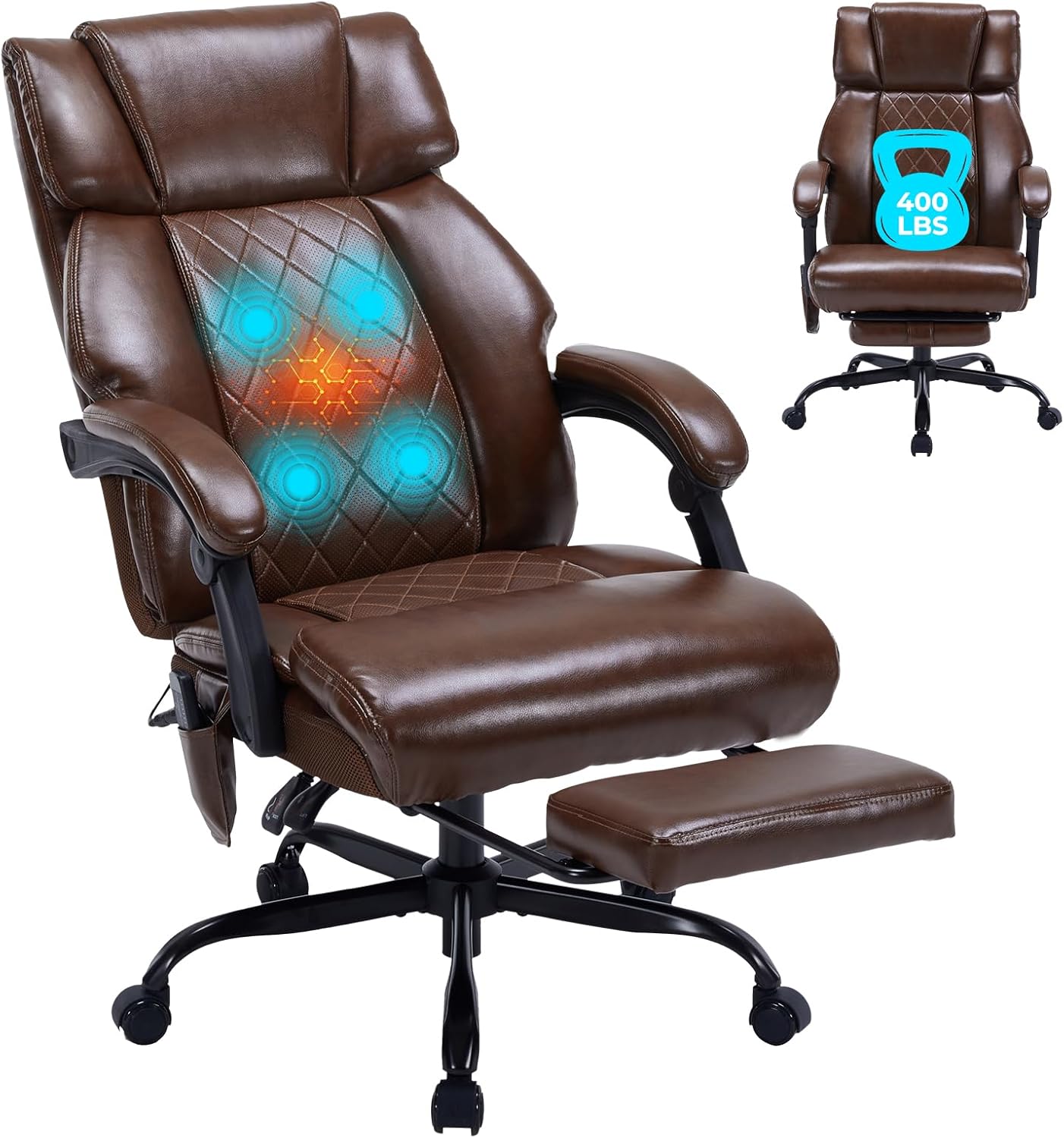 Executive Massage Office Chair, Ergonomic Reclining Leather Office Chair with Foot Rest and Heating, Big and Tall Desk Chair with 4-Point Vibration Massager, Computer Gaming Chair for Home & Office