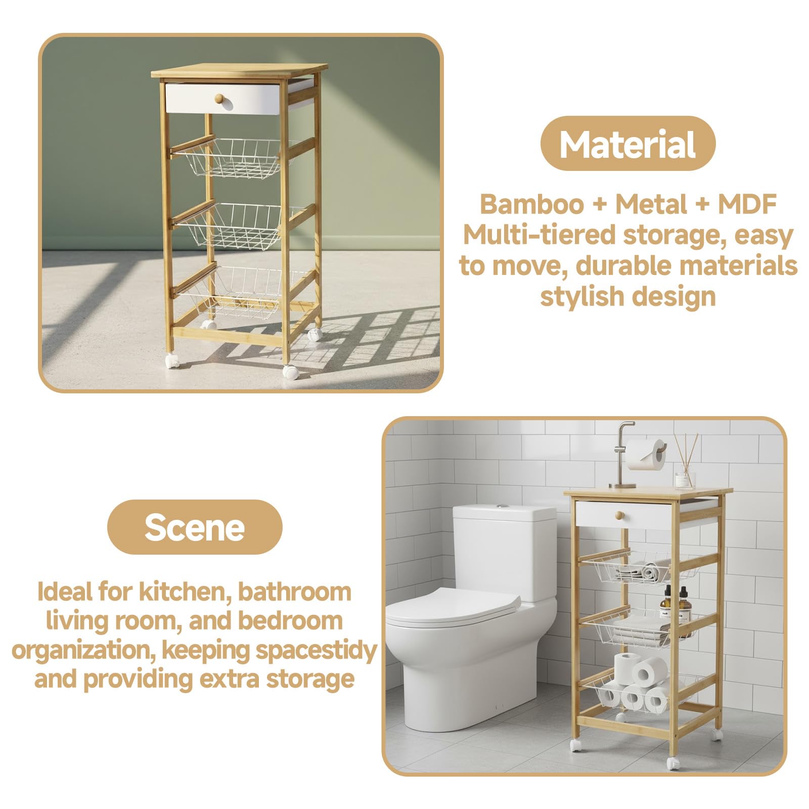 Carrello da cucina ausiliario in legno e bambù 35 x 36 x 74,5 cm con ruote, 1 cassetto in legno + 3 cestini estraibili - colore naturale e bianco