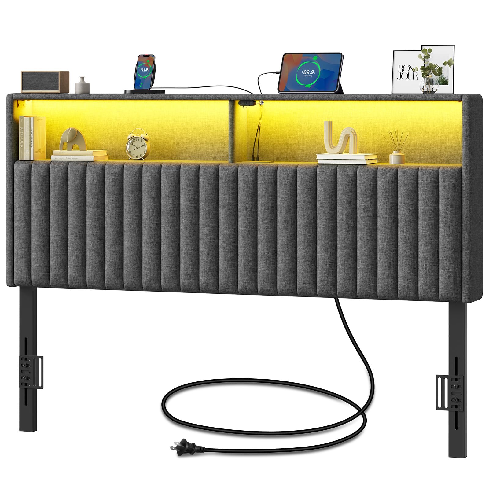 Rolanstar Headboard for Full Size Bed with Storage, Head Board with USB & Type C Port, 60,000 DIY Color of LED Light, Velvet Upholstered, Height Adjustable, Sturdy, Easy Assembly, Grey