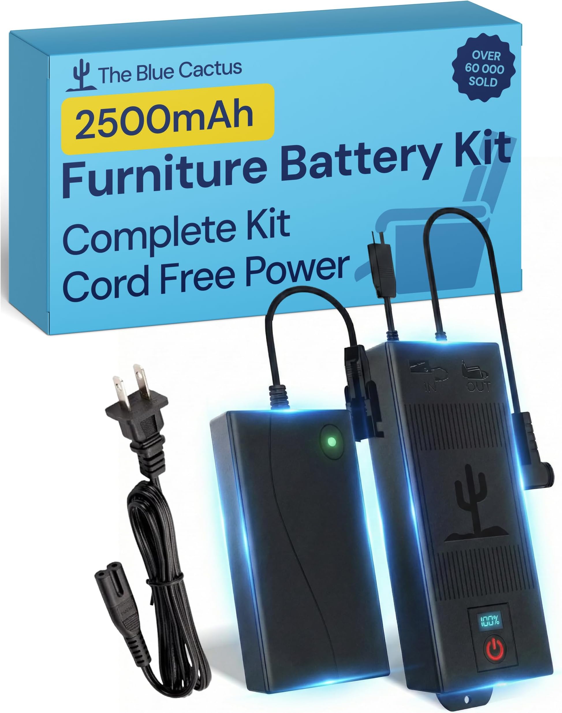 The Blue Cactus 2500mAh Furniture Battery Kit - Battery, Power Transformer, Power Cord - 2-Pin Furniture Connector - with LCD Display for Simple Recliner Chairs