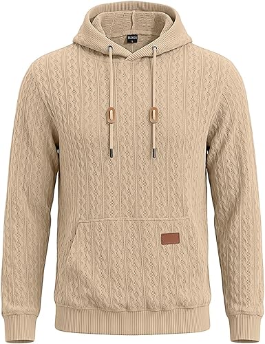Mens Cable Knit Hoodie Long Sleeve Drawstring Pullover Sweatshirts