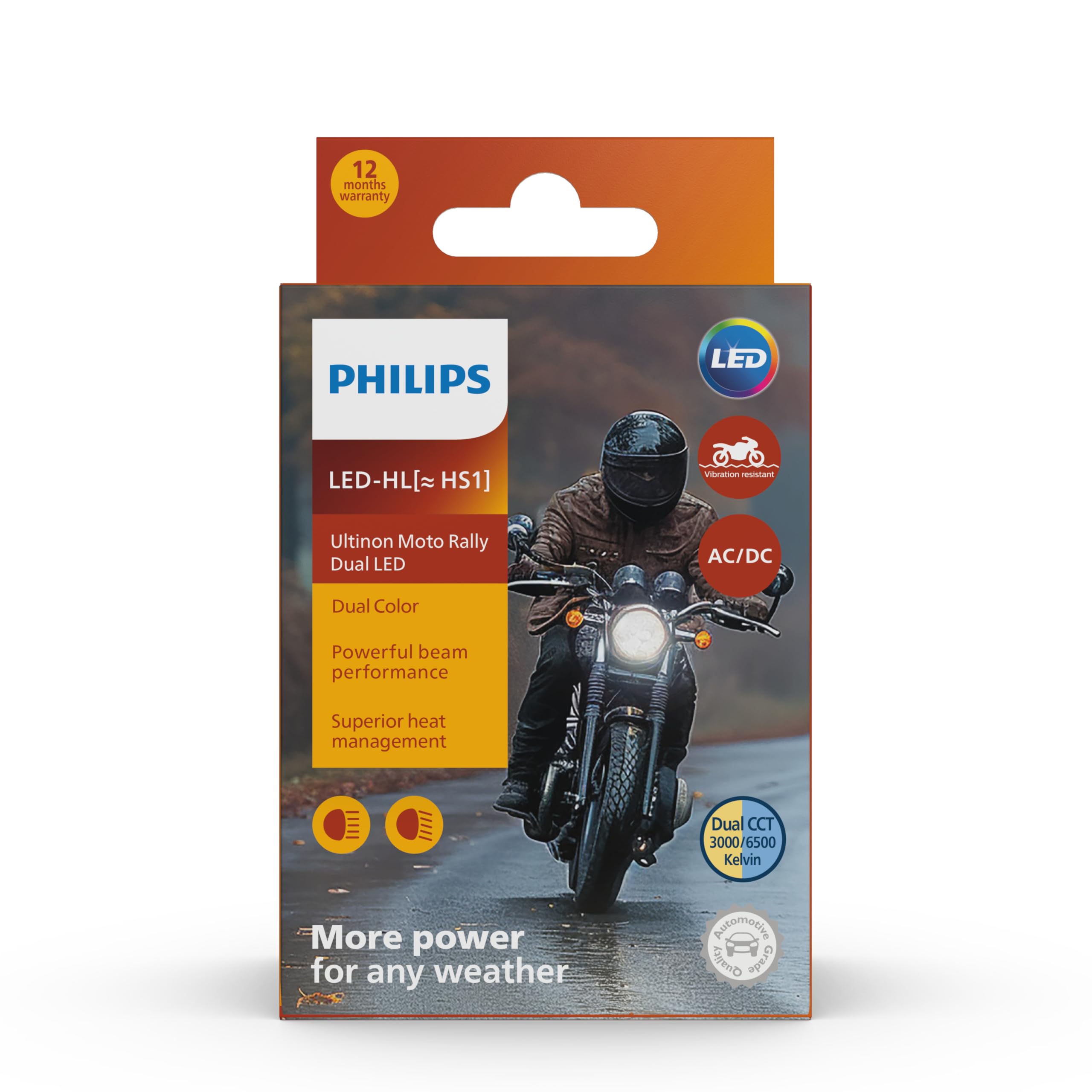Philips | Ultinon Moto Rally | LED-HL [~HS1] | Dual color for any weather | 12 W rally LED boost | IC driver for universal AC/DC | Lifetime of up to 2,000 hours