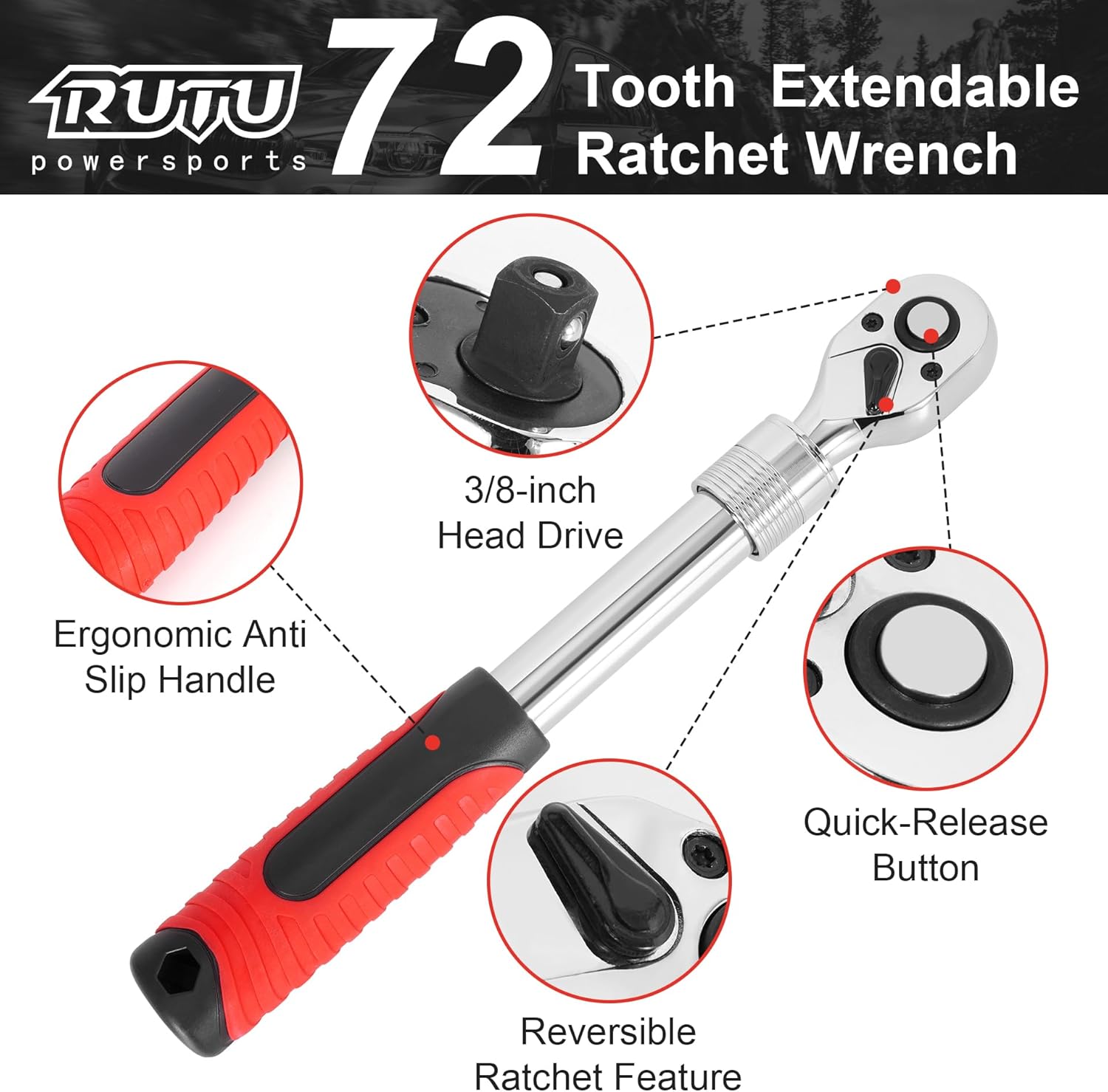 RUTU 3/8-inch Drive Extendable Ratchet,72-Tooth Quick Release Ratchet Wrench with Soft Grip Handle,Reversible,Red