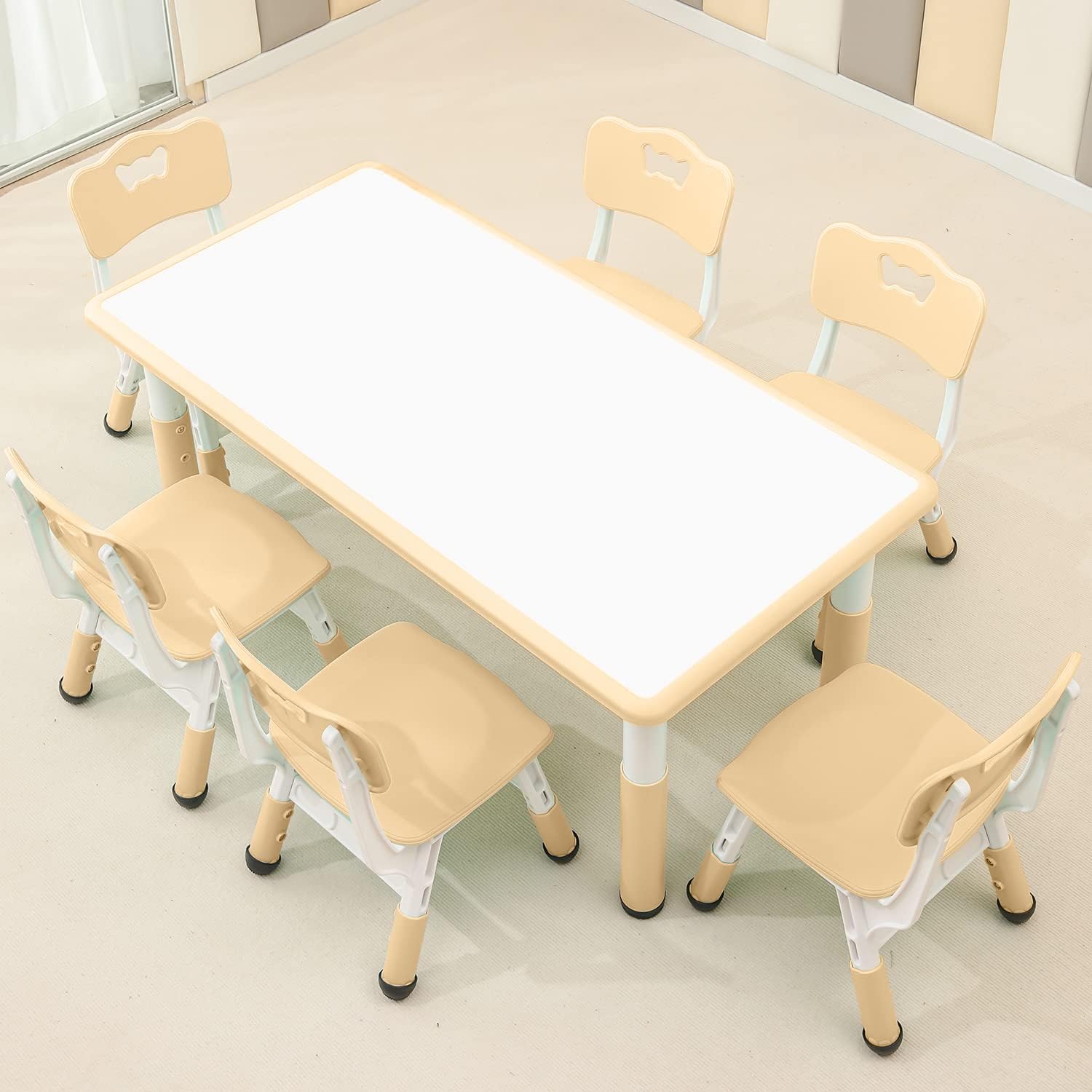 - monleelnom Children's Table and Chair Set Suitable for Boys and Girls Age 2-12 Height Adjustable Table top Can be Painted with 6 Seats Suitable for Family Learning Daily use (Wood Color)