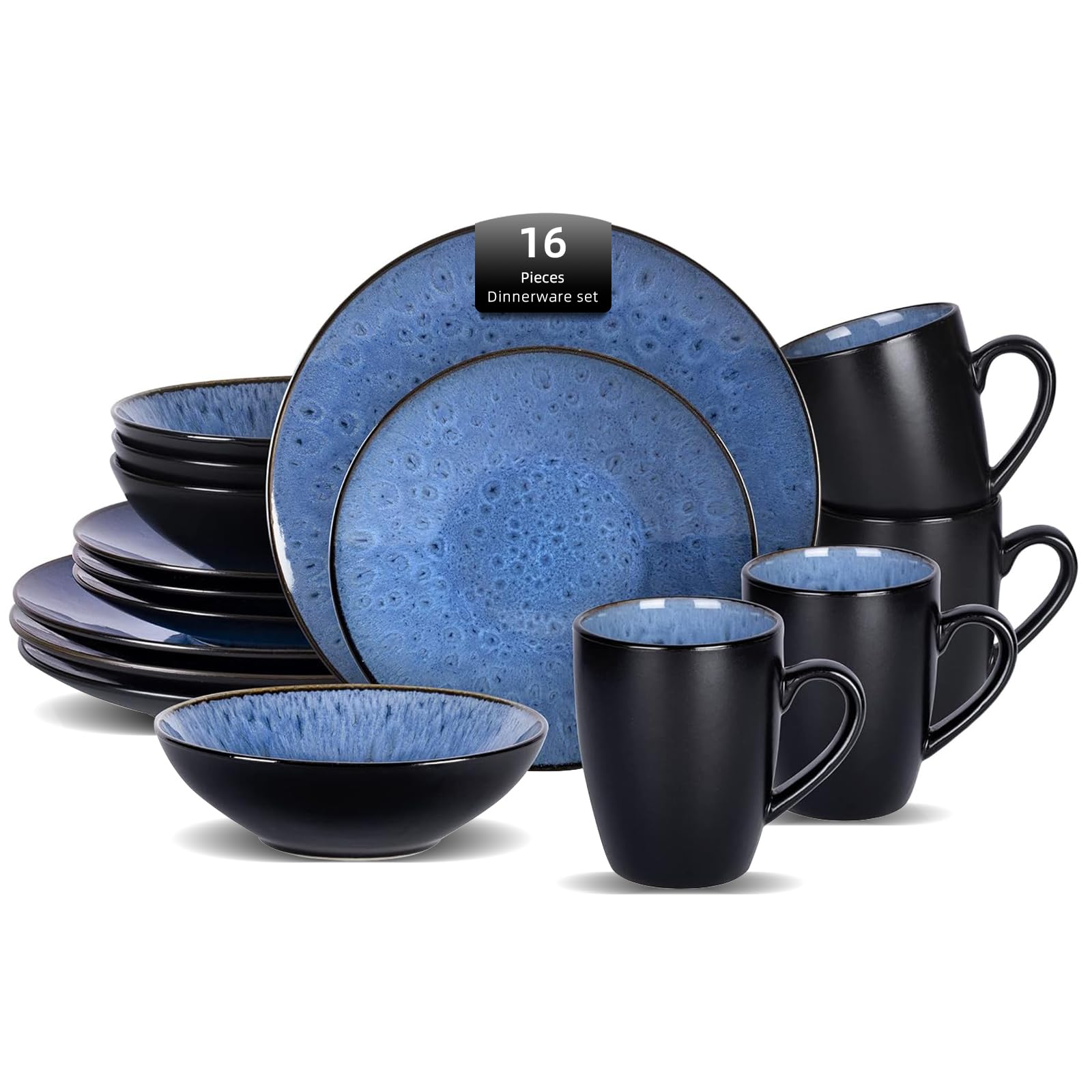 Service de table 16 pièces pour 4 personnes, double bol, assiettes et bols en grès résistant aux rayures, passe au micro-ondes et au lave-vaisselle - Bleu