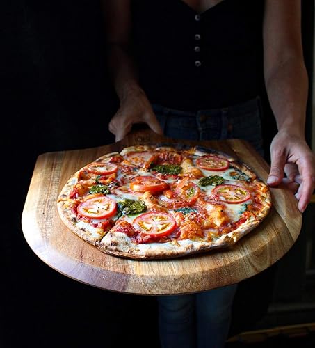 Miniatura 5 de Juego de cortadores de pizza de acacia prémium (extra grande) y cuchilla basculante, pelar pizza de 16 pulgadas, paleta de pizza de madera gourmet,