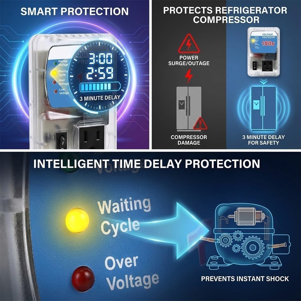 Electronic Home Appliance Voltage Protector, Single Outlet Surge Protector for Refrigerator, TV, AC, Washing Machine, Game Console,110V 120V 127V Brownout Protector, 4-Level Adjustable 90-140V
