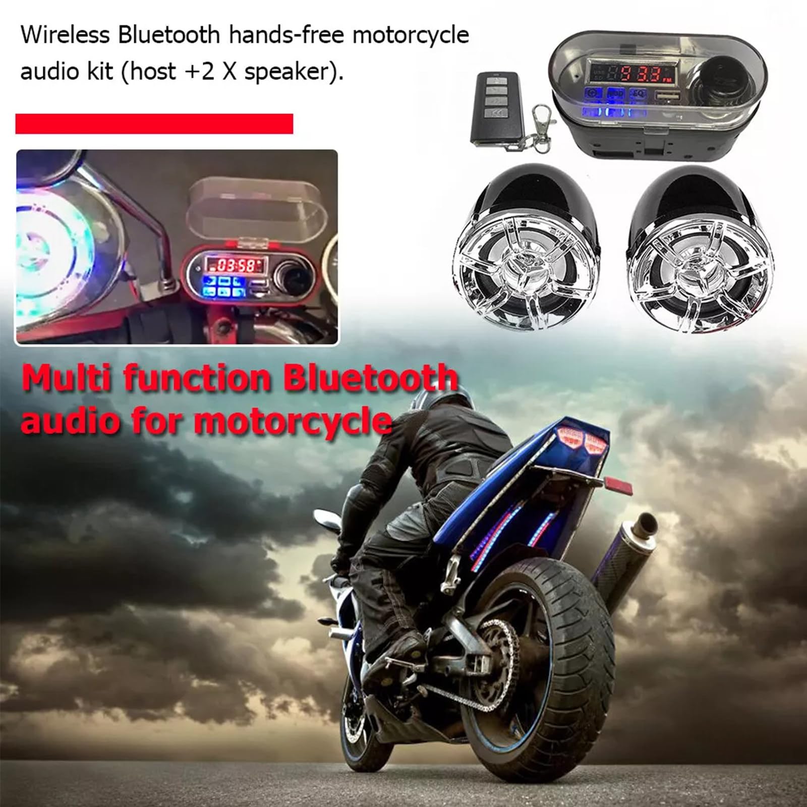 Kit Lettore Radio Bluetooth per Moto Altoparlante Stereo Audio Impermeabile Ricarica per Telefono Cellulare Allarme Antifurto Telecomando