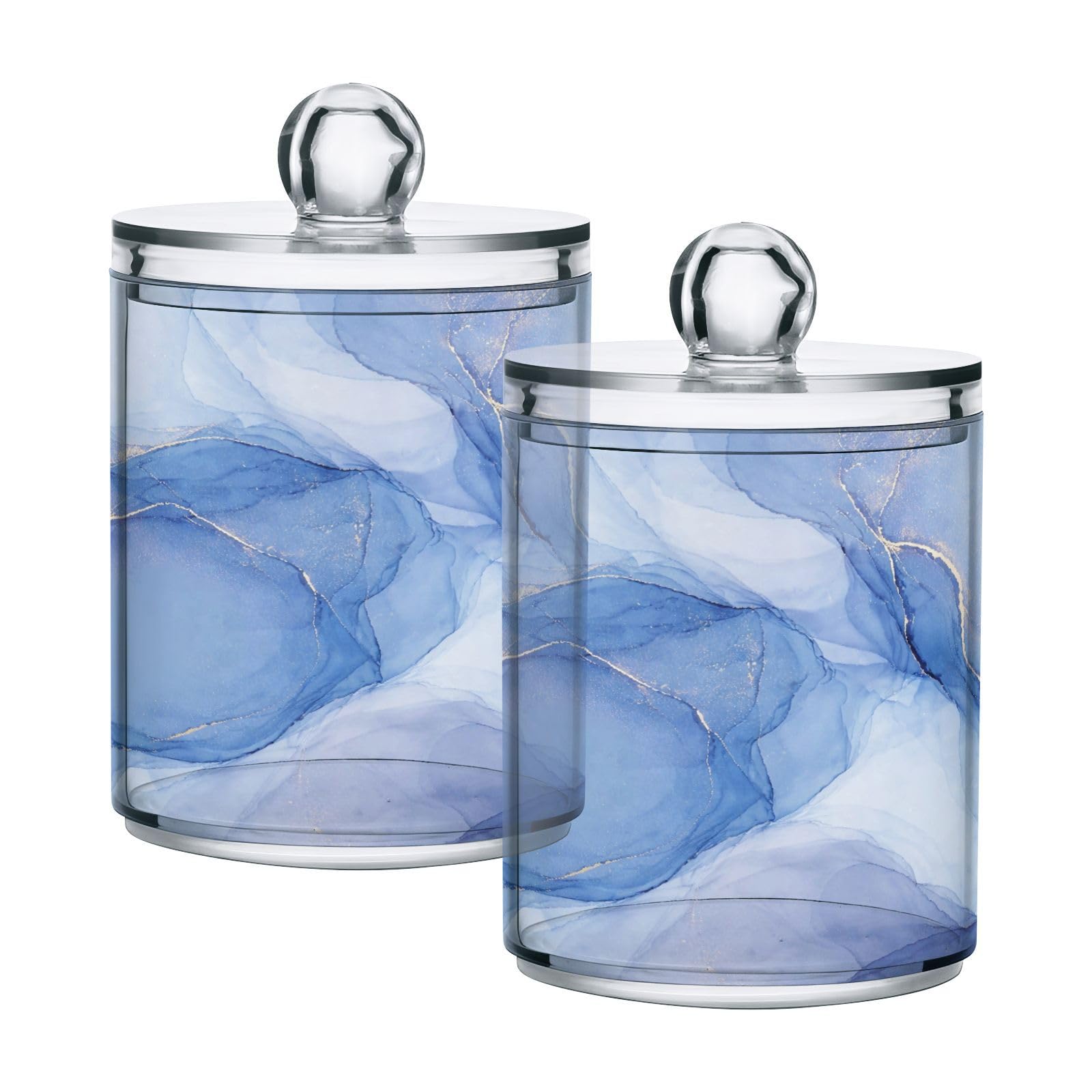 Qtip Halter Spender Blau Marmor Badezimmer Aufbewahrungsbehälter Deckel Acryl Kunststoff Apotheker Glas Set Schminktisch Make-up Organizer für Wattestäbchen/Pads/Zahnseide