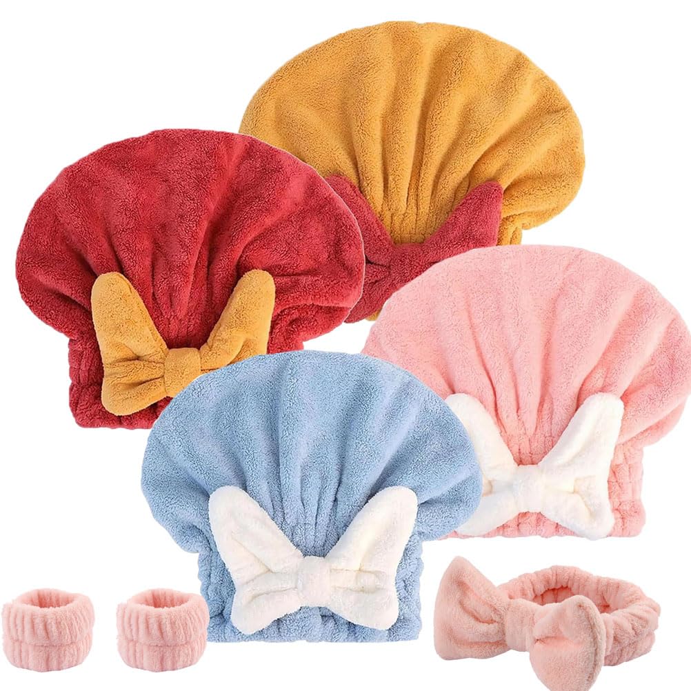 Super Absorbent Towel Wrap With Bow - Fast Drying Turban Cap for Wet Hair - Efficient Wrap for Girls and Women (4PCS)