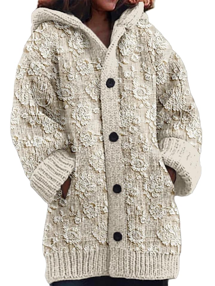 Womens Oversized Fair Isle Hooded Drawstring Coat Jacket Winter Button Down Cardigan Pullovers with Pockets