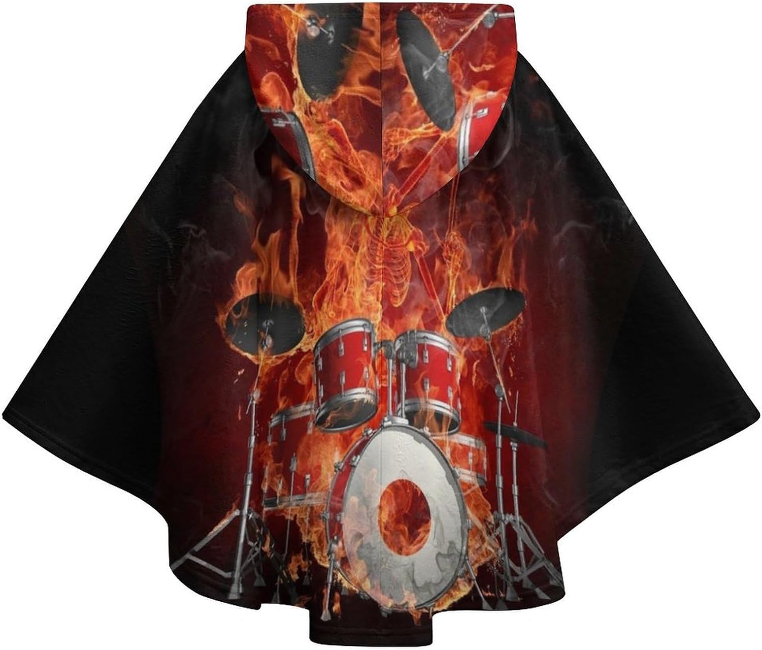 Rock Roll Drums Flame Drummer Skull Wearable Blanket with Hooded Flannel Blankets Cape with Pocket