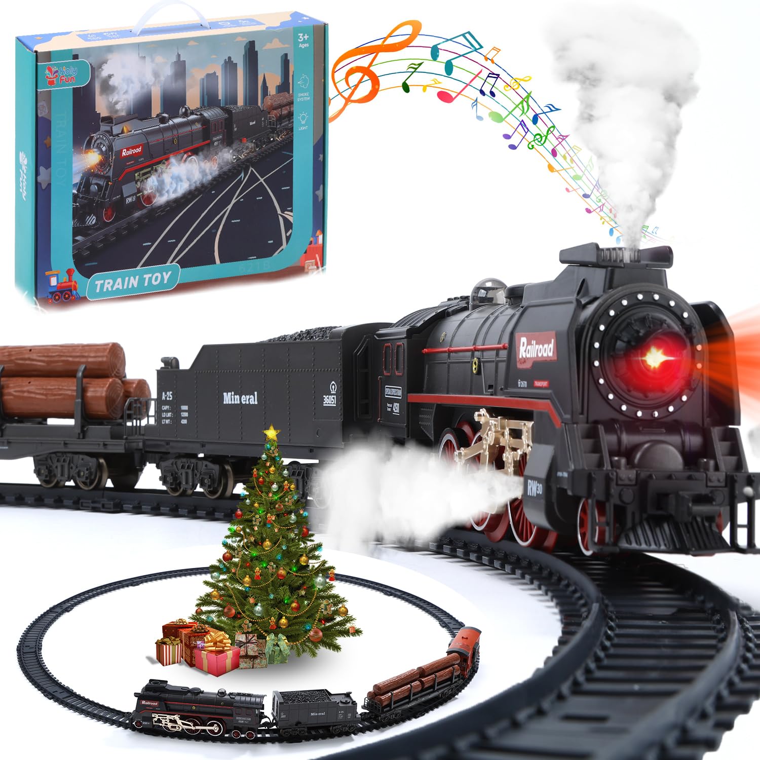 HOLYFUN Christmas Train Sets with Smoke Under The Tree, Train Track Toy with Sound and Light,Great Gift for 3 4 5 6 7 8+ Year Old Kids, Toddlers, Boys and Girls