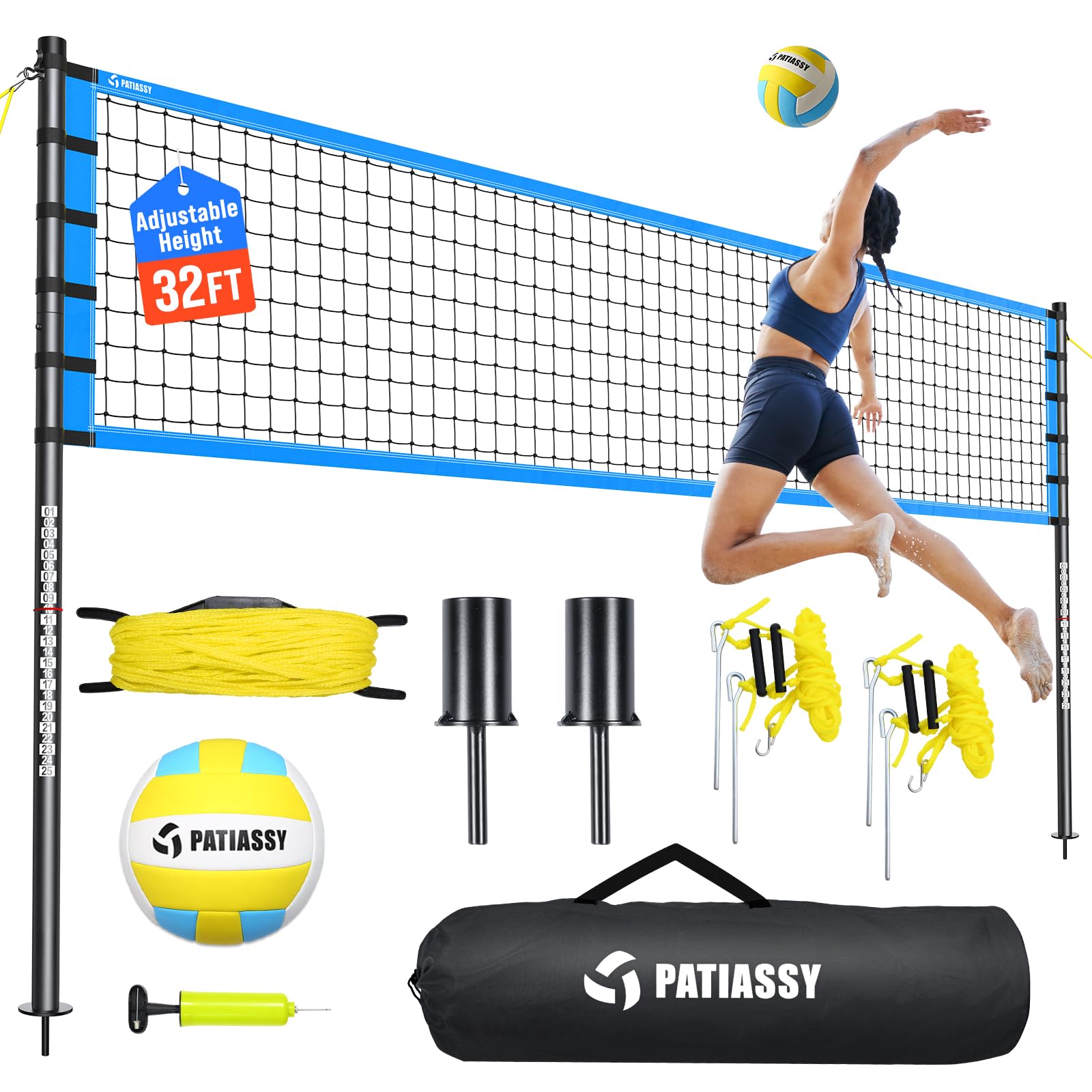 Portable Volleyball Net Set for Backyard, Beach & Outdoor - Regulation Size, Height-Adjustable Poles, PU Volleyball with Pump, Carrying Bag(Blue)