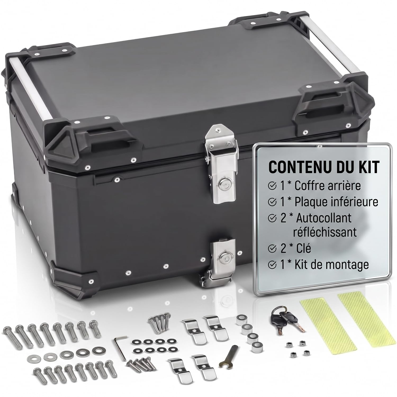 Top Case Moto 65L en Alliage d’Aluminium - Coffre Arrière Universel Étanche pour Moto & Scooter - Valise de Rangement Grande Capacité (2 Casques) Doublure Intérieure Premium Serrure de Sécurité