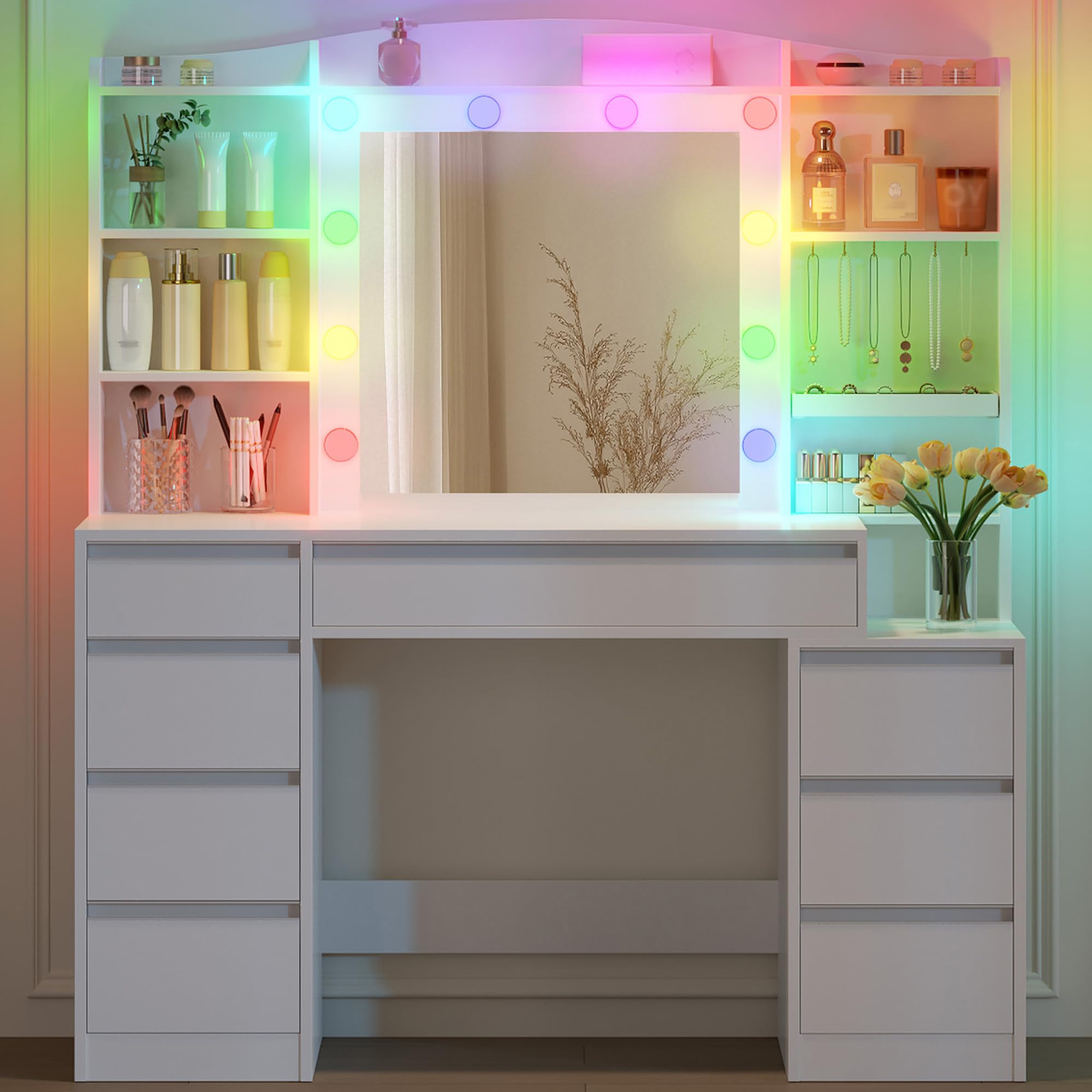 Hzuaneri Vanity Desk with Mirror and Lights, Makeup Vanity Desk