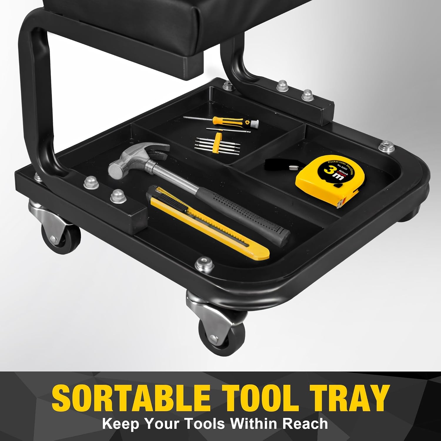 YELLOW JACKET Mechanic Rolling Stool 250 Lbs Capacity, Garage Stool on Wheels with Tool Tray Storage, Work Stools with Wheels for Garage, Shop, Mechanic Chair with Wheels, Auto Repair