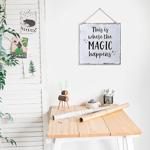 Miniatura 4 de Letrero de madera colgante para decoración de pared del hogar, con texto en inglés This is Where the Magic Happens, placa artística para sala de