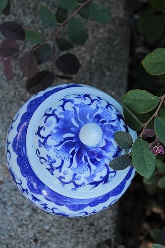 Miniatura 4 de Tarro de templo en forma de casco de porcelana azul y blanca de estilo chino antiguo, diseño de peonía, tamaño pequeño