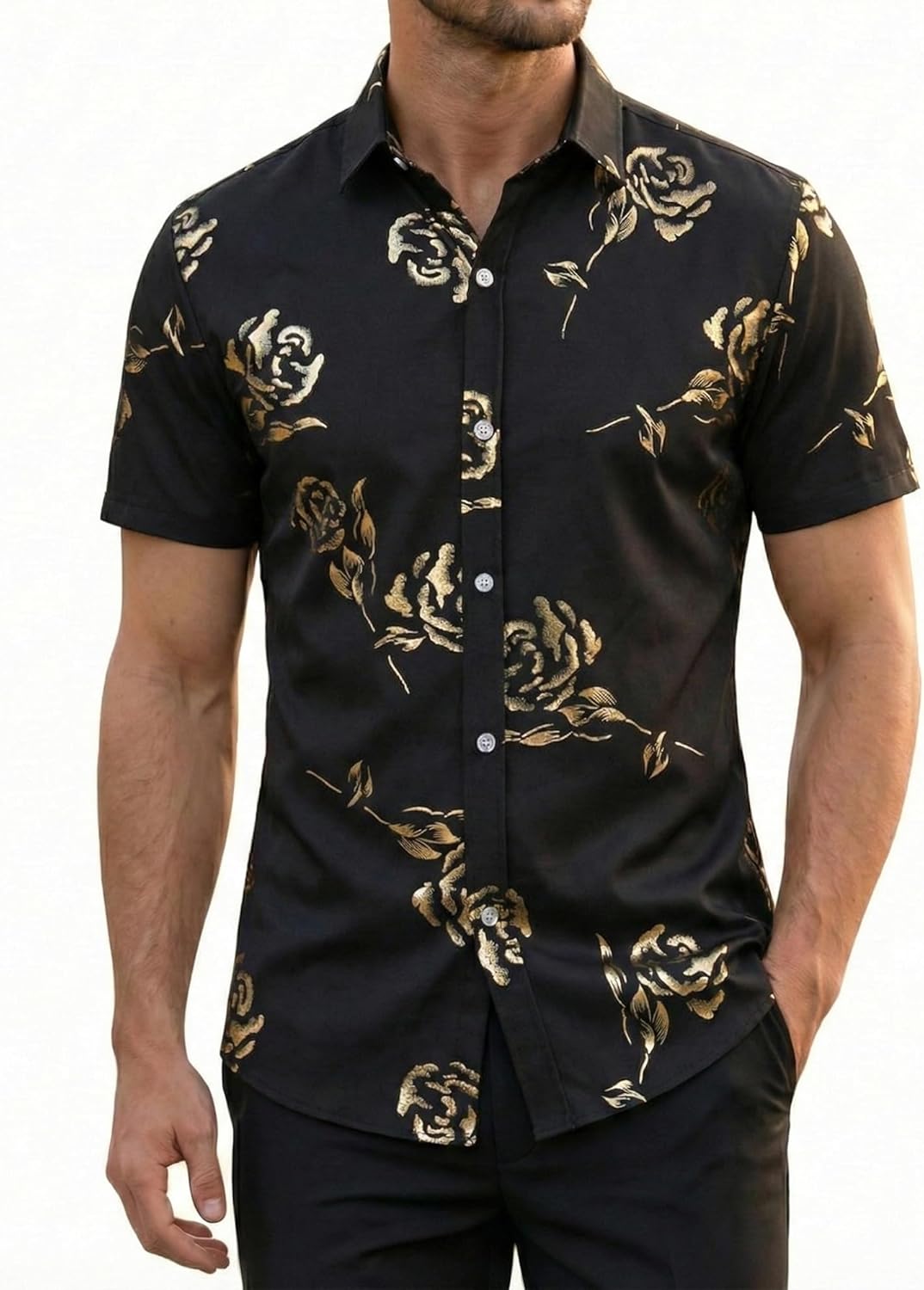 ZEROYAA Mens Hipster Gold Rose Printed Slim Fit Short Sleeve Button Down Dress Shirts