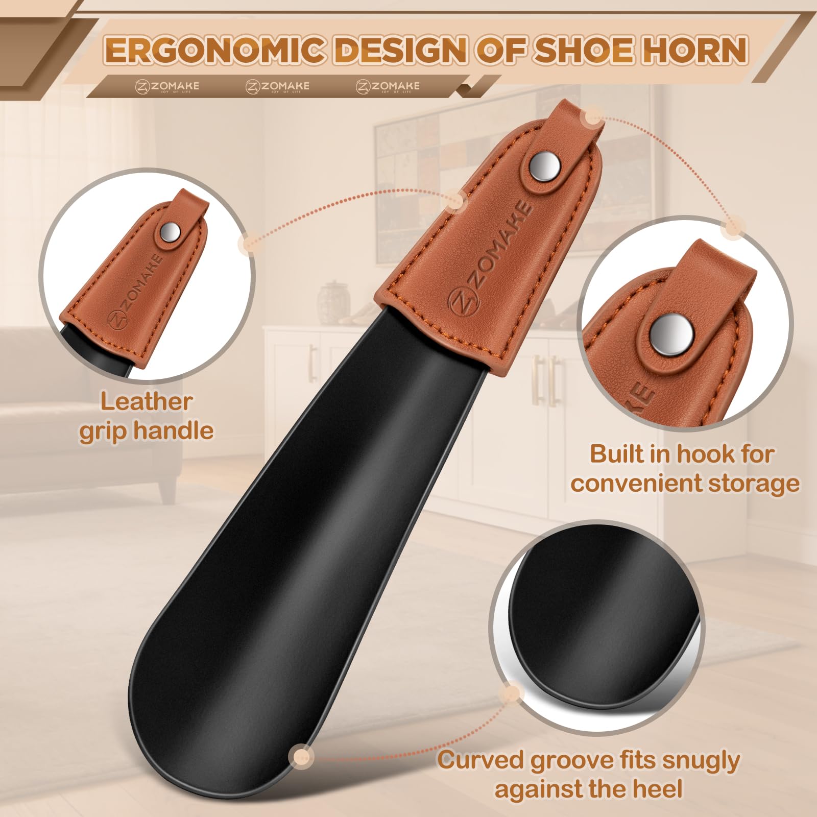 ZOMAKE Calzador Pequeño 17CM Metálico Portátil para Personas Mayores Mango de Cuero Negro