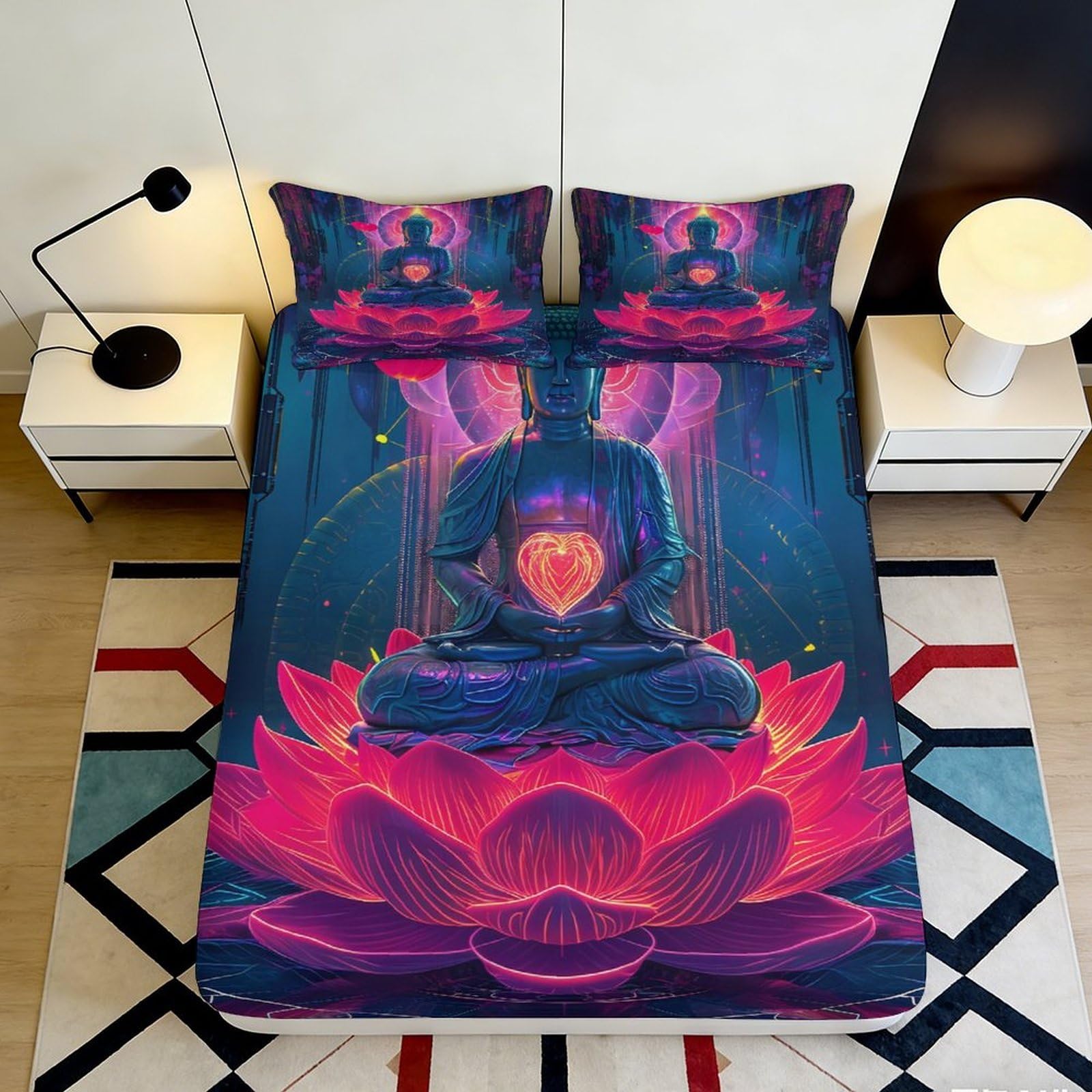 3D Printed Buddha Lotus Meditation Fitted Sheet Microfiber Anti-Slip Vibrant Bed Cover for Bedroom Guest Room Mattress Decor 160x200x25cm