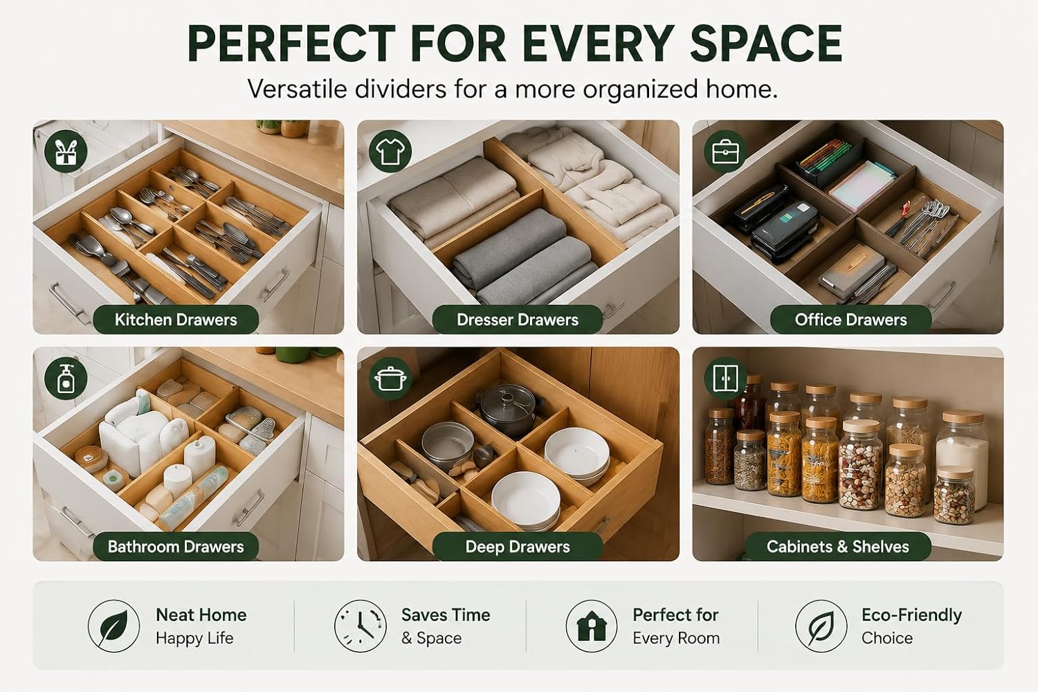 Bamboo Drawer Divider 6 Pack, Expandable Kitchen Drawer Organisers, Adjustable Wooden Dividers for Cabinets, Dresser and Deep Drawers, 43-56 cm Long, 6 cm High