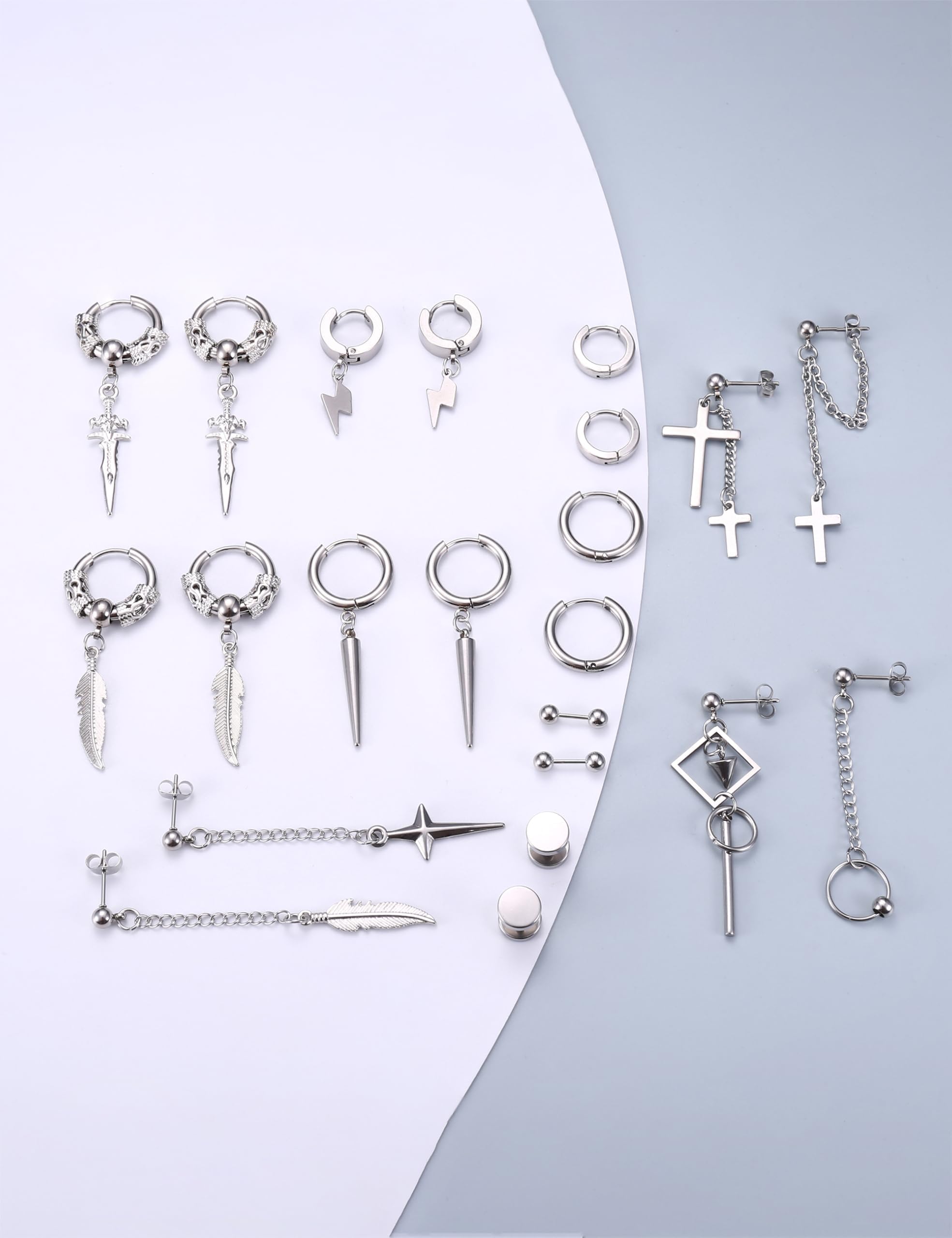 JeryWe 22 Pares aretes colgantes para hombre acero inoxidable, con bisagras, cadena larga, aretes colgantes de cruz, juego de aretes Kpop para hombre, Acero inoxidable（Plata）