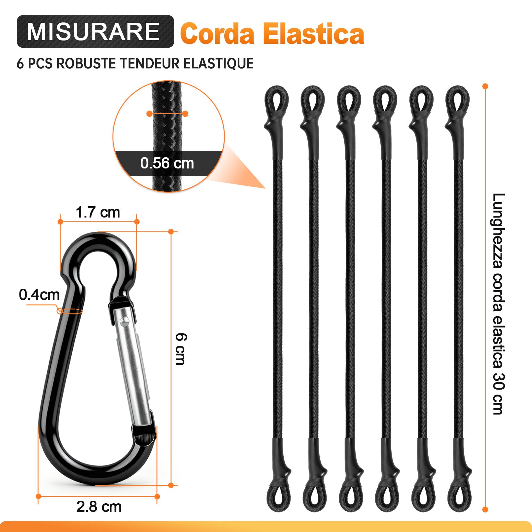6 Corde Elastiche con Moschettoni da 30 cm,Corde Elastico con Gancio.Tenditore con Ggancio.Cinghie di Sicurezza in Gomma per Legare Bagagli, Tende da Campeggio, Teloni, Bici e Trasporto