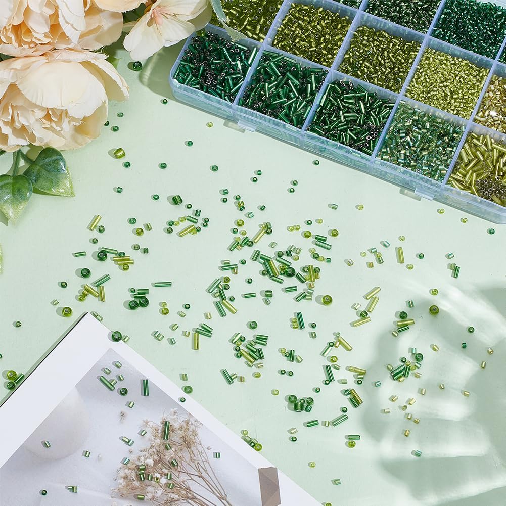 About 6200 Pcs 15 Styles Green Series Glass Bugle Seed Beads, 2-7mm Mixed Styles Mini Tube Round Seed Beads Loose Spacer Bead for DIY Crafting Jewelry Making - Image 6
