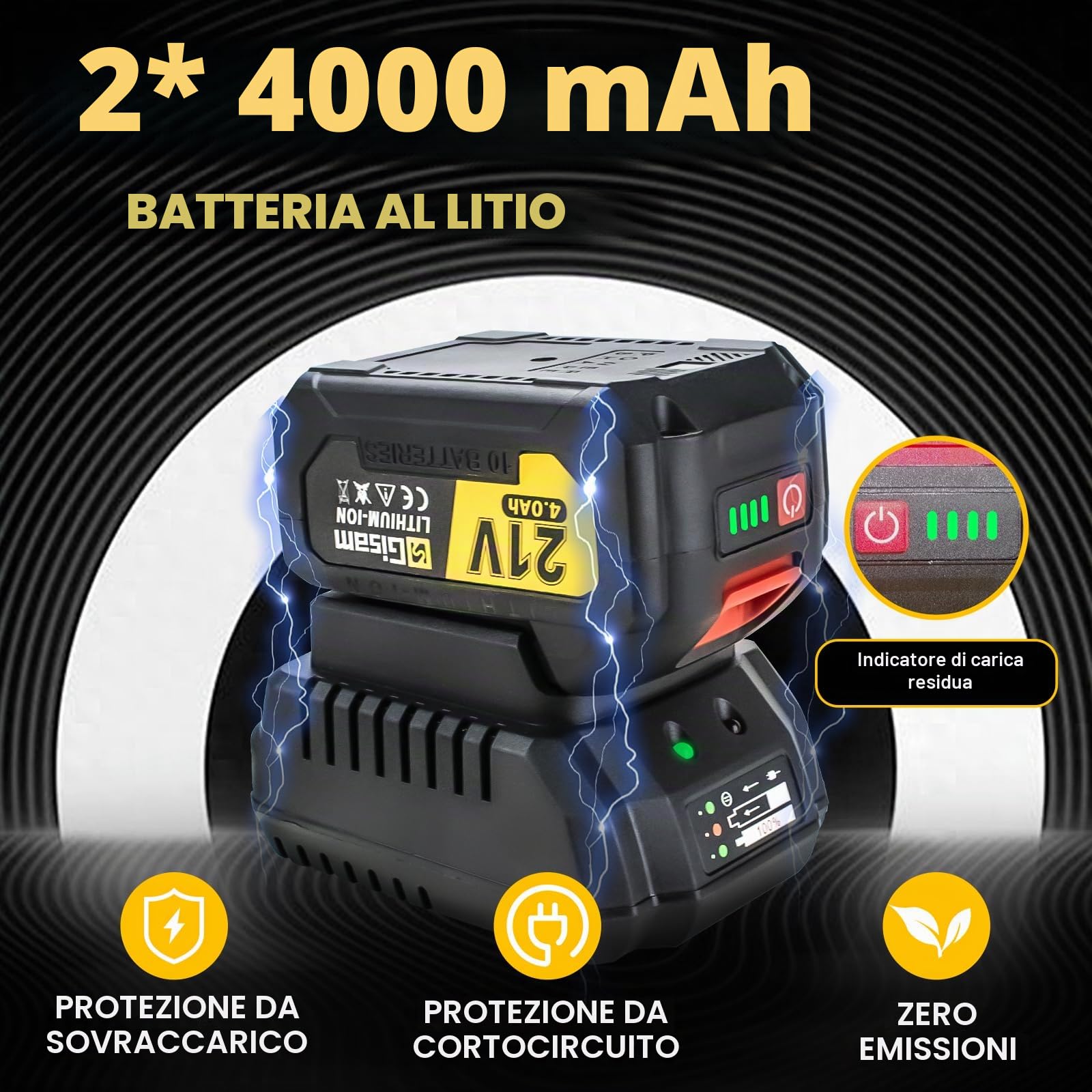 Gisam 1000 N.m Avvitatore a impulsi a batteria con motore brushless da 1/2” con due batterie da 4000 mAh, caricatore rapido, 5 bussole, avvitatore a impulsi per pneumatici auto