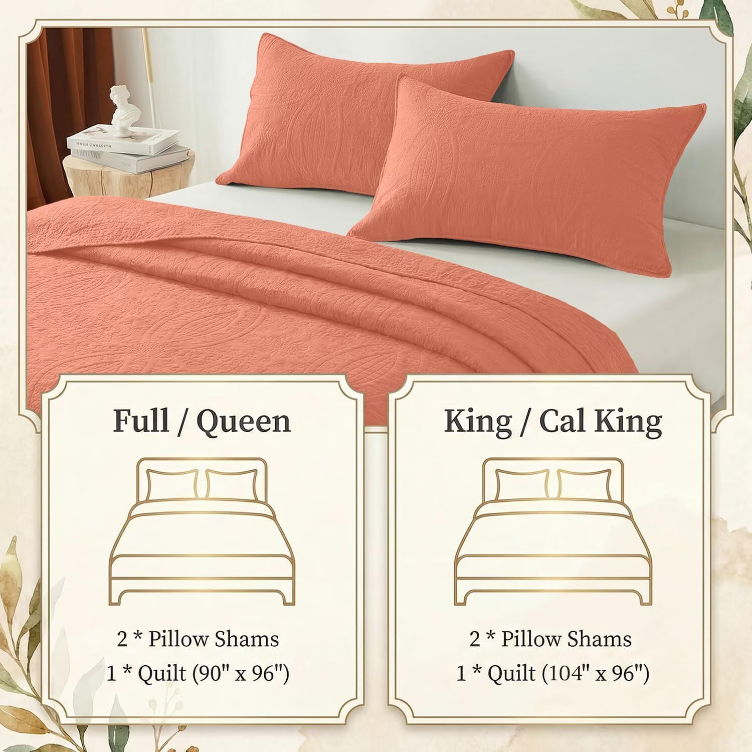 Poboton Queen Quilt Bedding Sets,Orange Ultrasonic Lightweight Queen Size Coverlet,Coin Pattern Soft Bedspreads for All Season, (1 Quilt,2 Pillow Shams)