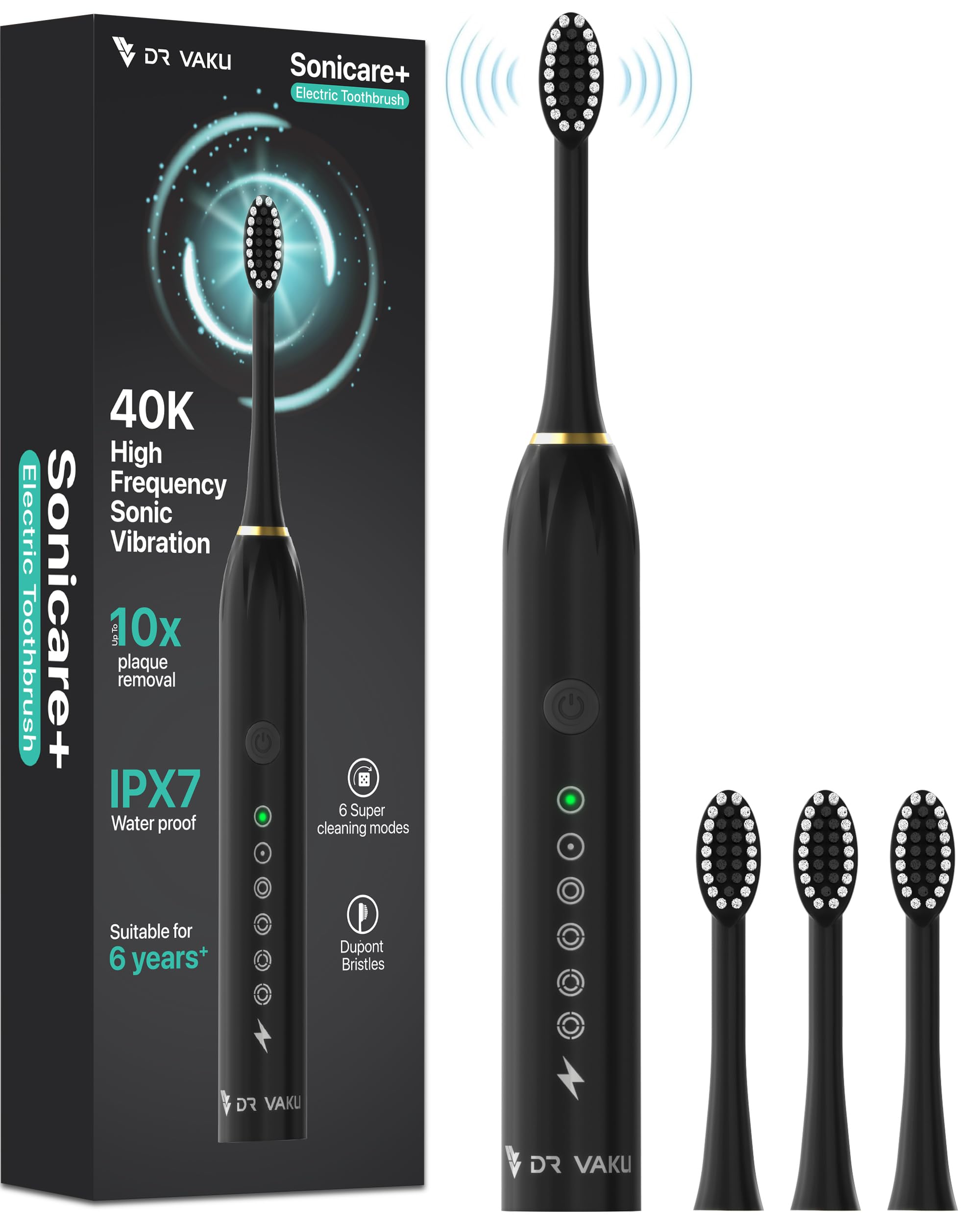 Dr Vaku® Sonicare+ Electric Toothbrush for Men Woman Adults sonic with 6 Modes, 4 Brush Heads, 60-Day Battery Backup, Rechargeable & IPX7 Waterproof Automatic Power Best Electrical Tooth Brush- Black
