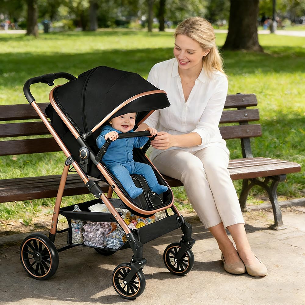 Poussette 3 en 1,Haute Vue Poussette Bebe Pliante,Voyage Pour Bébé 0 à 4ans | Panier de couchage panier 2 en 1, siège amovible, Auvent pliant