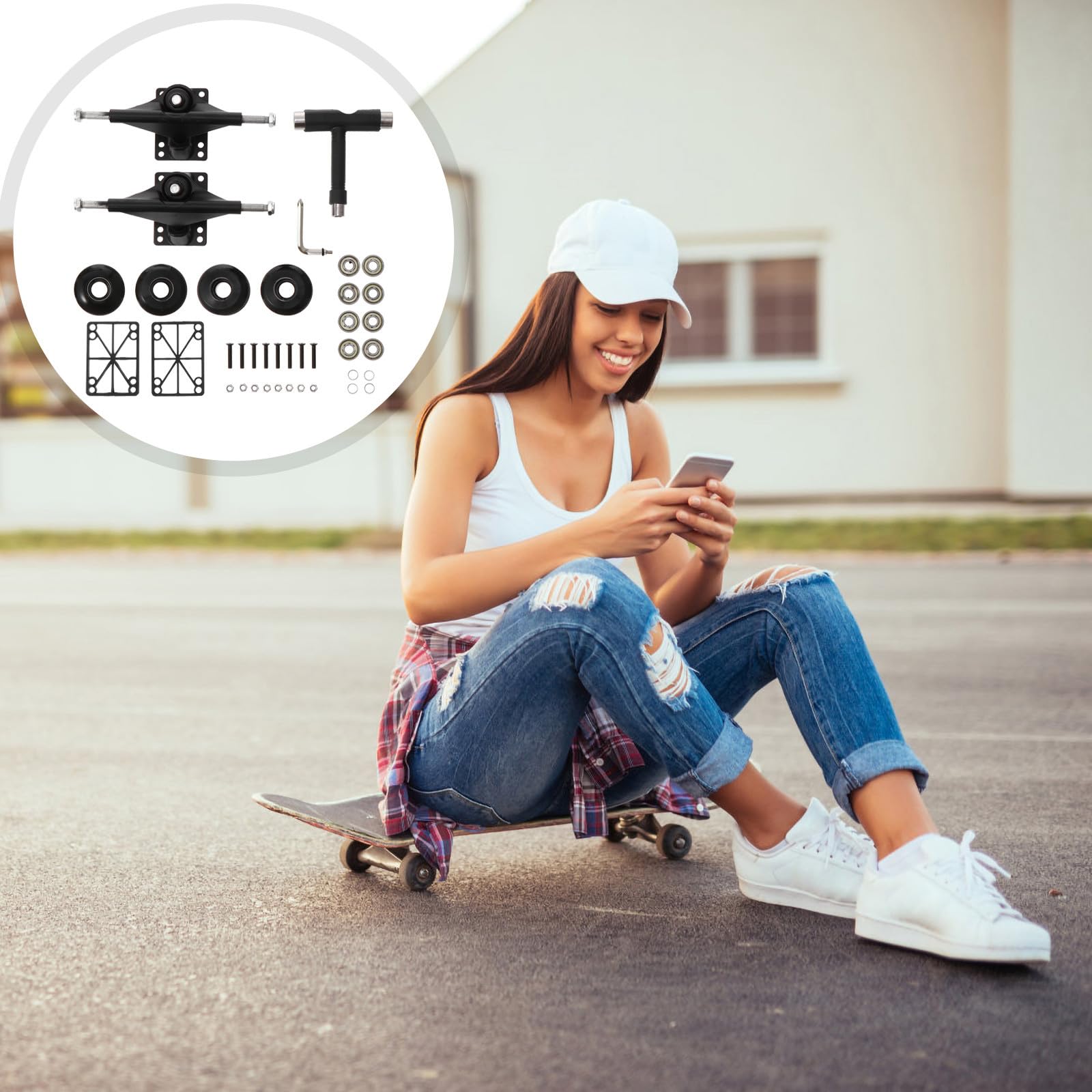 SUPVOX Kit Complet de Camions et Roues pour Skateboard Double Kick, Aluminium Noir Roulements ABEC, Accessoires pour Montage et Réparation Planche à roulettes Plusieurs Styles