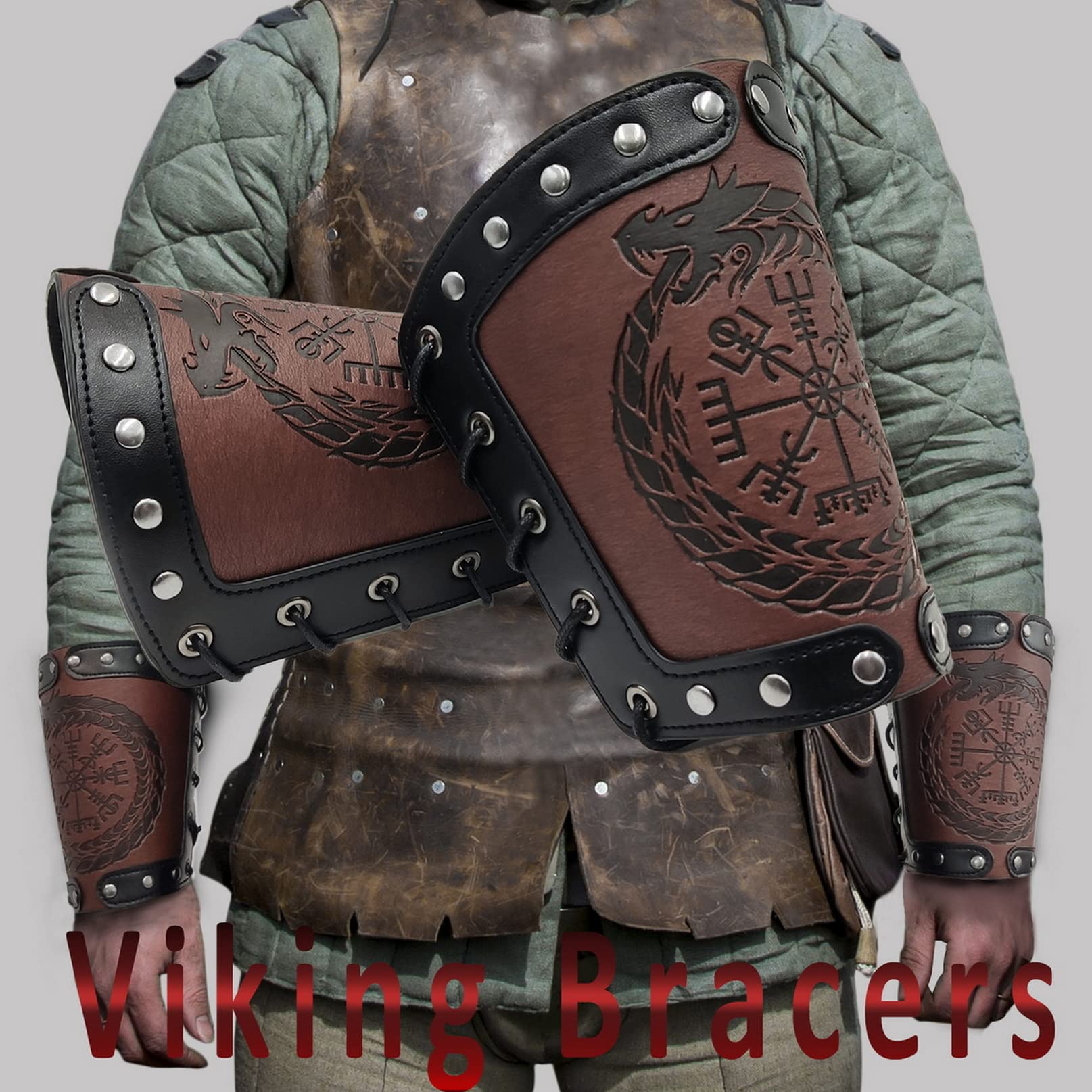 Karwasze wikingów, wytłaczane skórzane mankiety z kompasem, średniowieczne karwasze do LARP, cosplay, łucznictwo, opaska na nadgarstek, Brązowy, rozmiar uniwersalny