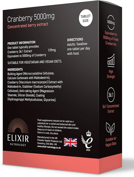 Cranberry 5000mg Tablets | High Strength 36 to 1 Cranberry Extract | Equivalent to 5000mg Whole Cranberries | Concentrated Plant Based Daily Supplement | Vegan Friendly Formula | 30 Tablets | UK Made