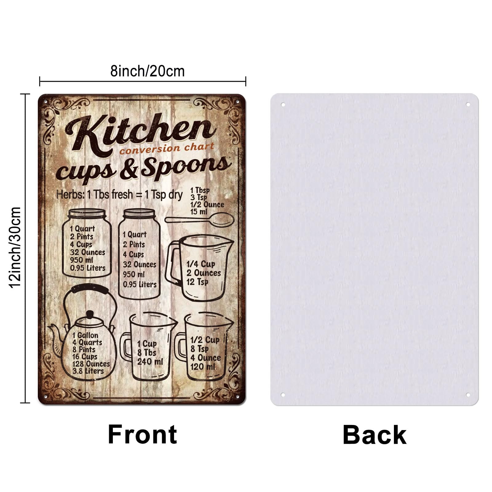 GLOBLELAND Kitchen Conversion Chart Metal Tin Sign 8x12in "Cups & Spoons" Vintage Painting Tin Signs Wall Poster Plaque for Kitchen Cooking Area Dining Room Home Office Pantry Coffee Bar - Image 2