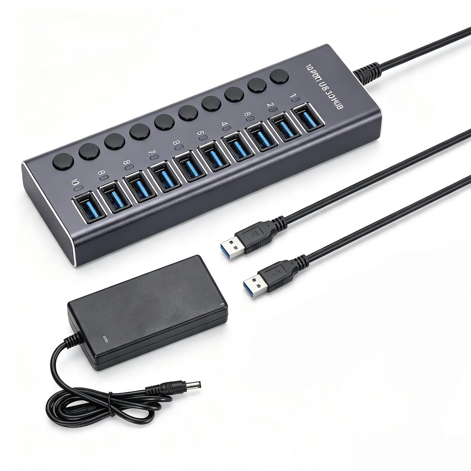 LICAEVEY Hub Dati USB 3.0, Splitter USB a 10 Porte (Spina europea) | Interruttori individuali, alimentatore da 60 W per console di gioco per PC desktop portatile