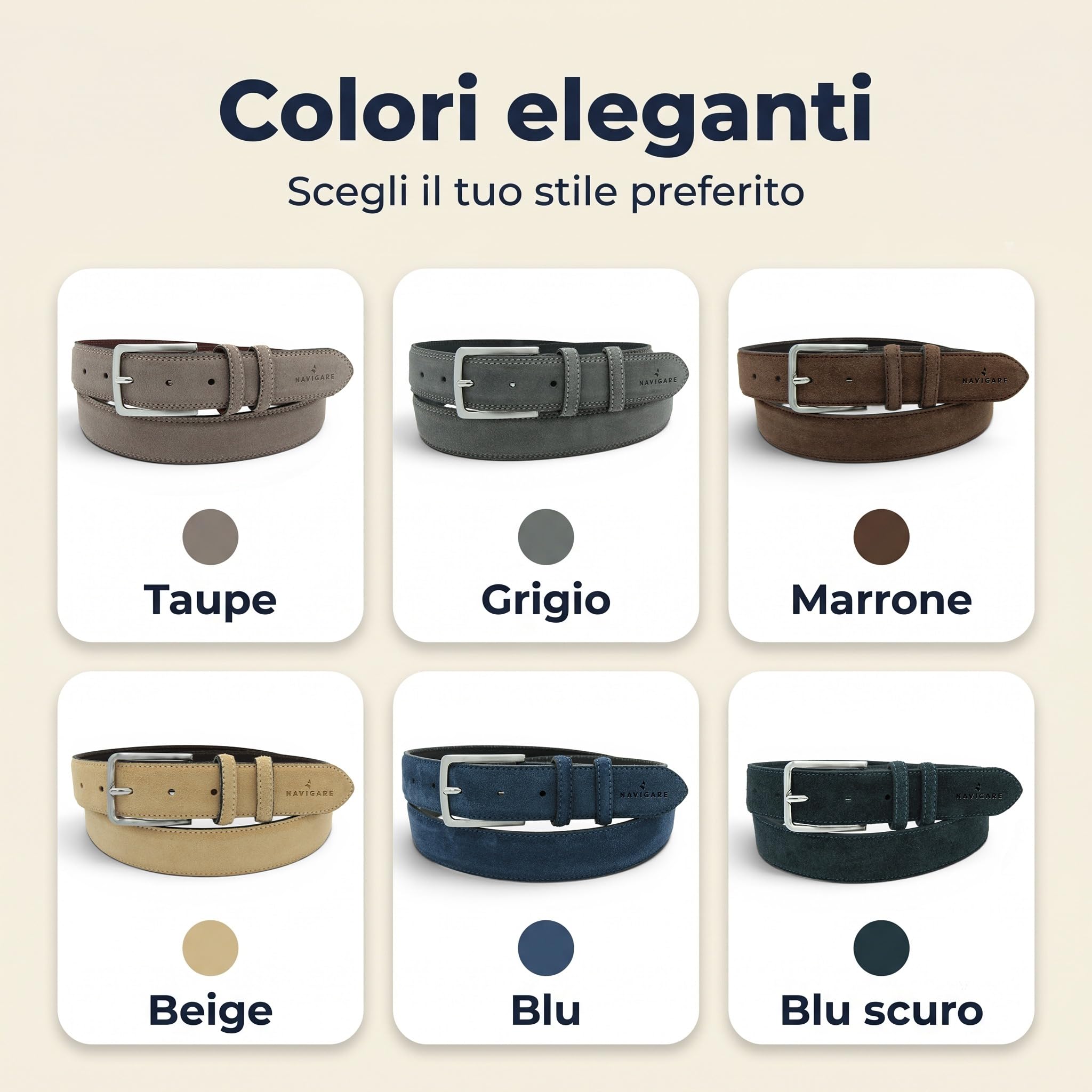 Navigare Eleganter Herrengürtel aus Wildleder, hergestellt in Italien, echtes Leder mit satinierter Dornschnalle, verstellbar und kürzbar