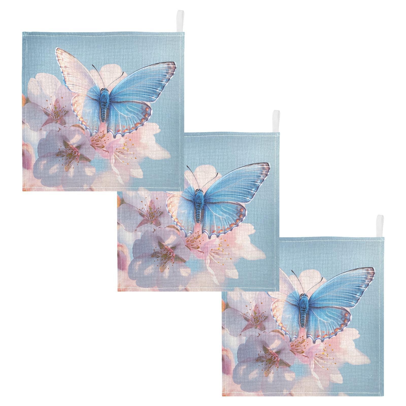 Nander Beautiful Blue Butterfly Baby Muslin Washcloths 3PCS- Soft Face Cloths for Newborn Absorbent Bath Wash Cloths Wipes