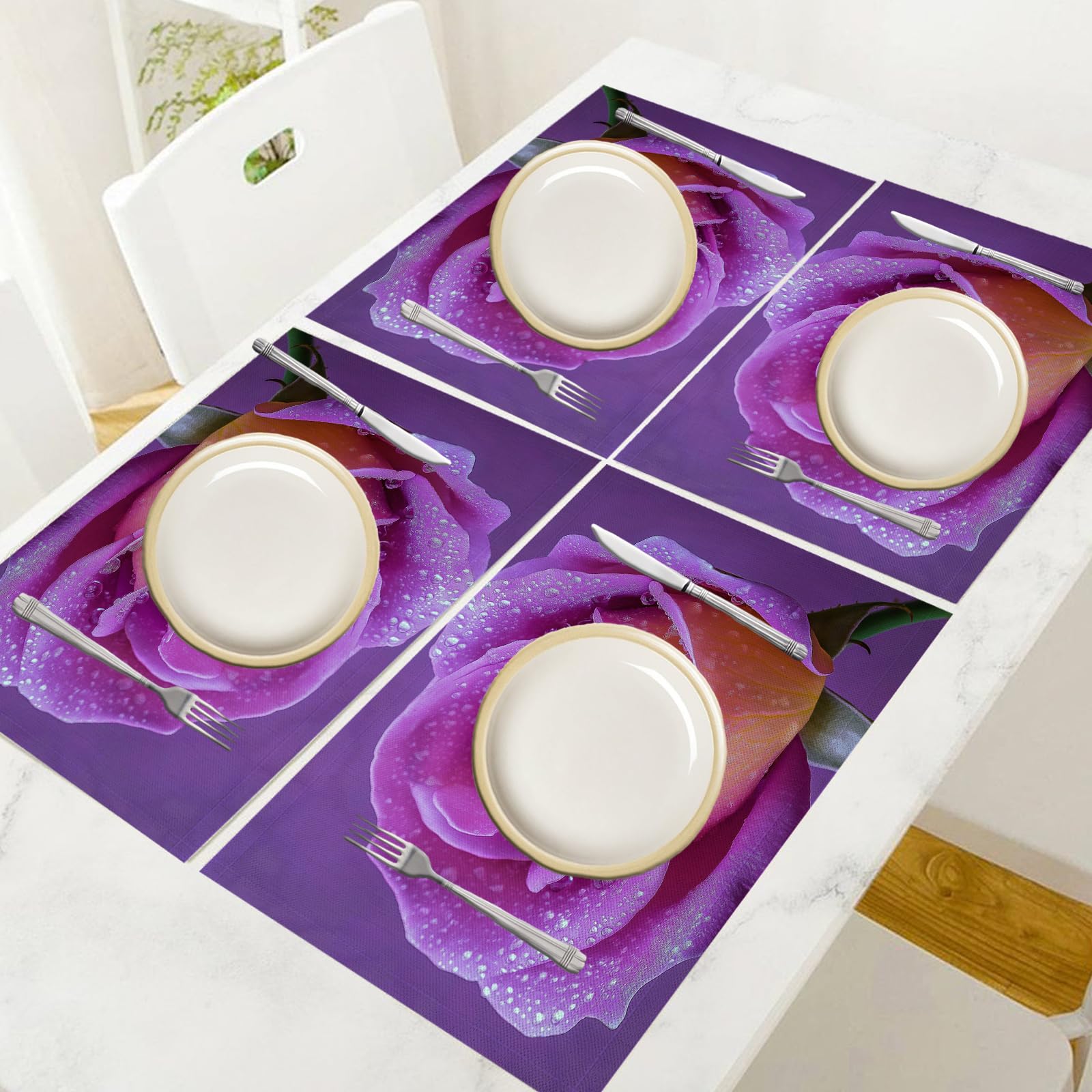 Set di 8 Tovagliette Americane Lavabili Cotone Lino Fiori glamour - Tovaglietta Americana Resistenti al Calore Durevole Rosa viola - per Colazione Pranzo 30×45 cm