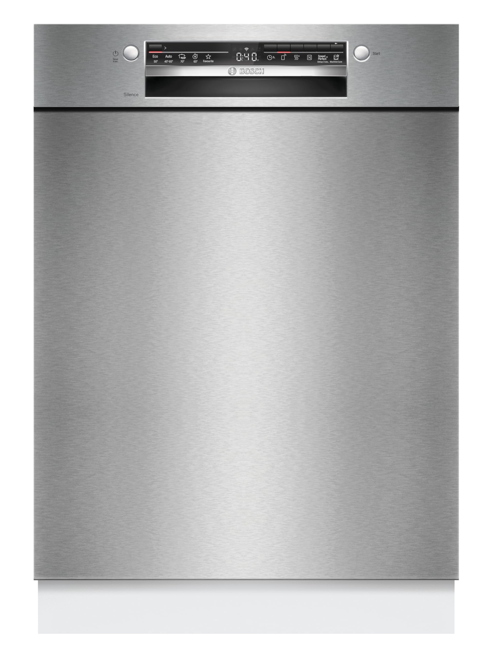 Bosch SMU2HTS08E Serie 2, Unterbau-Geschirrspüler, 60 cm, Smart Start, Hygienelevel für Eco 50 °C und Intensiv 70 °C, AquaStop, Programm Download, Silence on demand, Home Connect, Gebürsteter Stahl